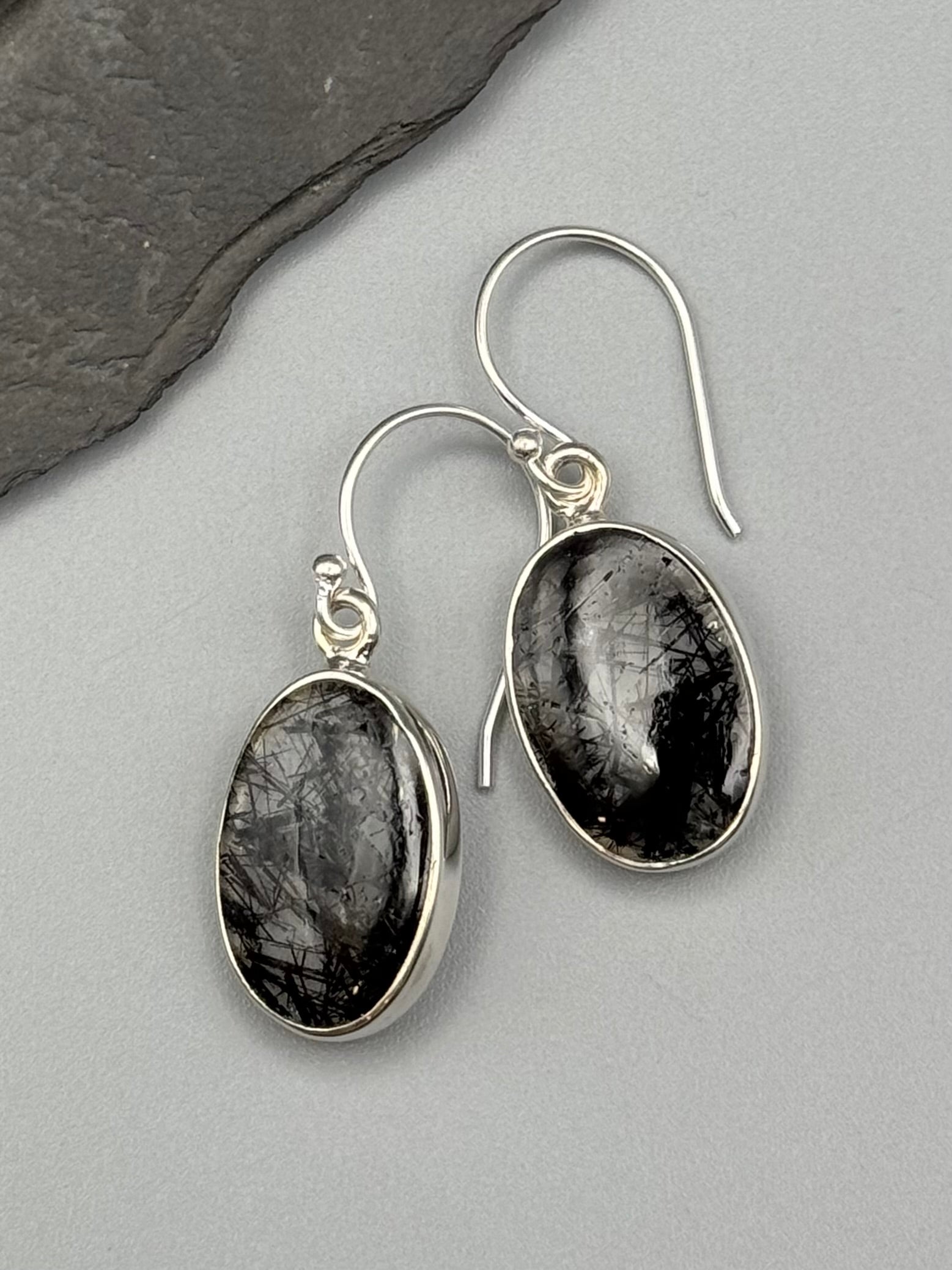 •SIMPLE OVAL• tourmalinated quartz + silver dangle earrings