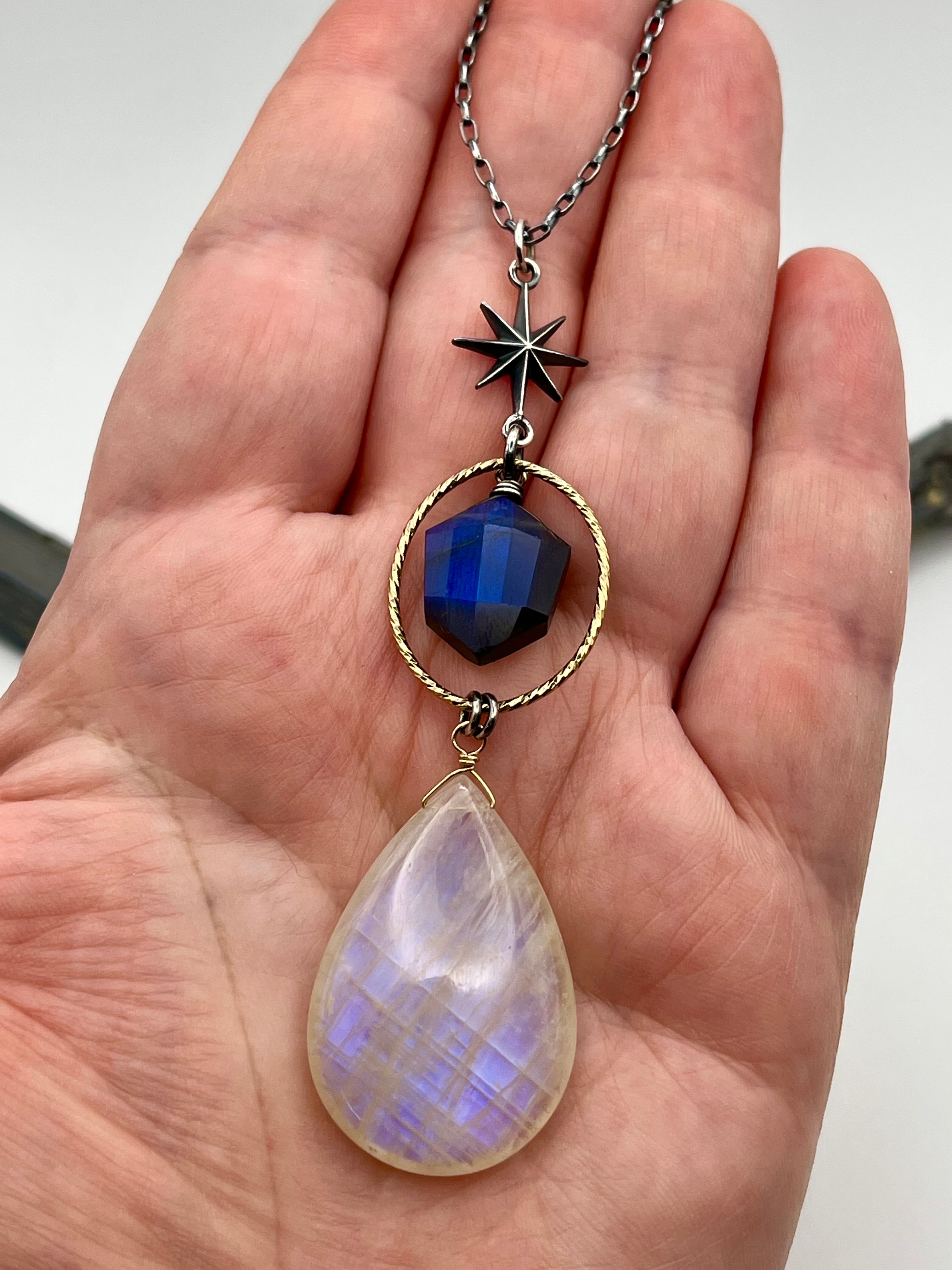 •NYX• rainbow moonstone + labradorite mixed metal necklace (18"-20" long)