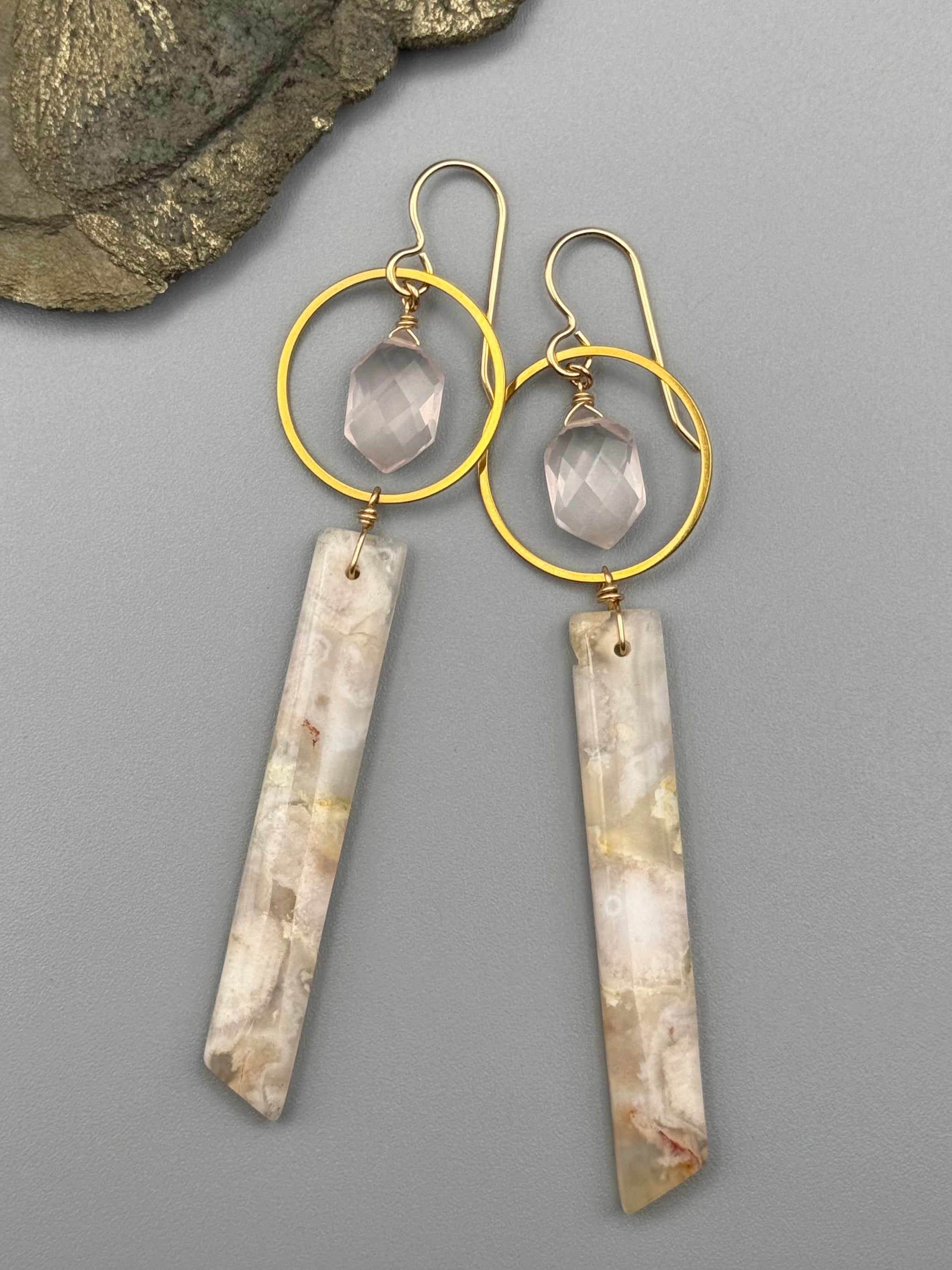 •LUNA• rose quartz + cherry blossom agate gold earrings