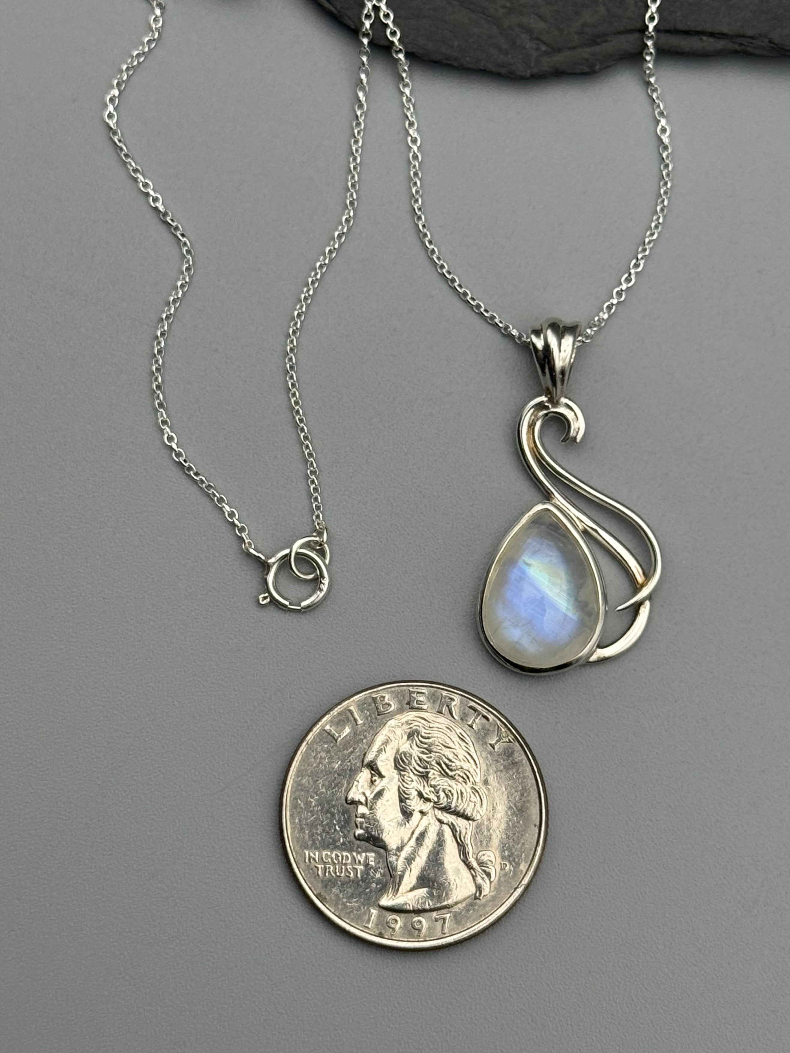 •RAINBOW MOONSTONE TEAR - SMALL FLOURISH• sterling silver necklace (18" long)