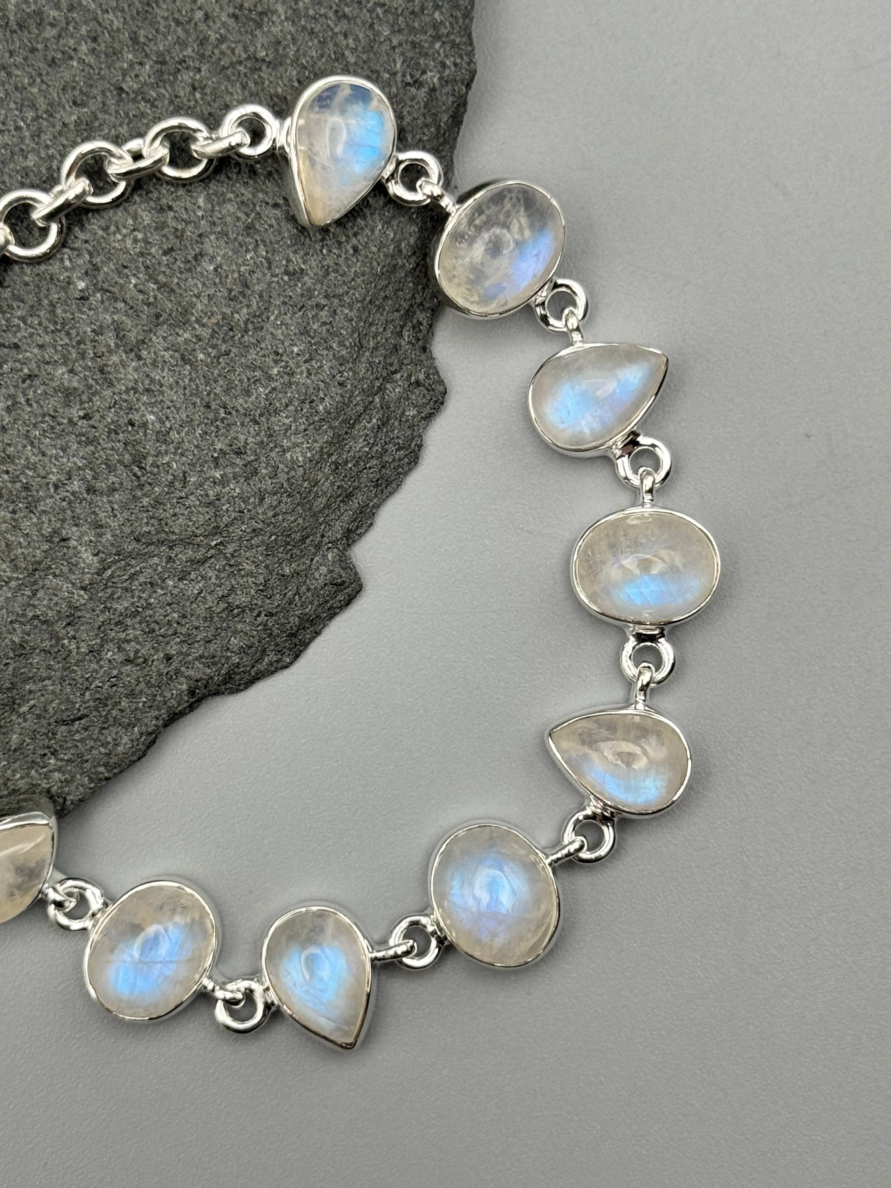 •RAINBOW MOONSTONE - LIL' GEO MIX• linked silver bracelet (7.25" - 9")
