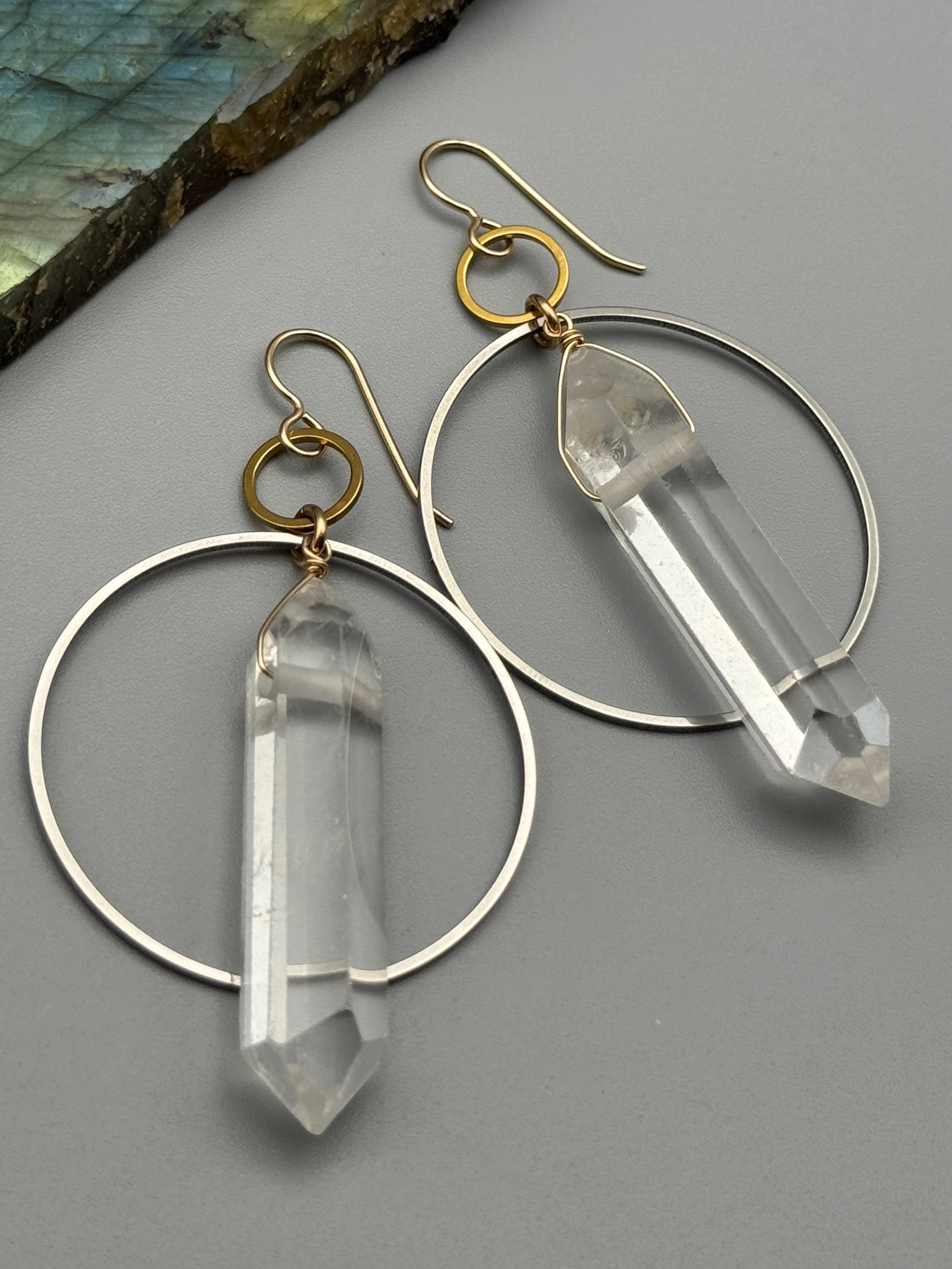 •EQUA-ORBIT• double terminated quartz + mixed metal earrings