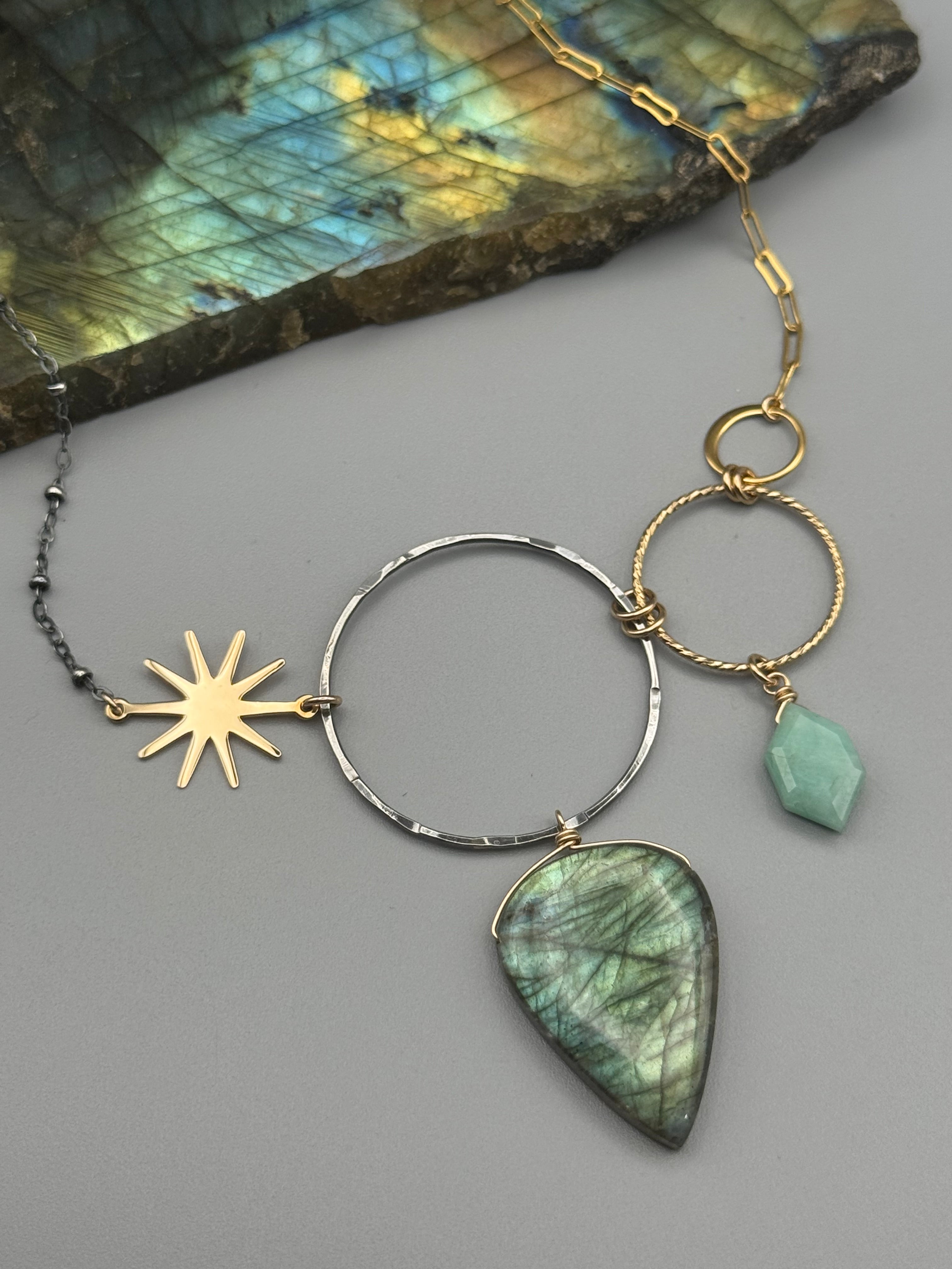 •UNION• emerald + labradorite mixed metal necklace (16"-18" long)