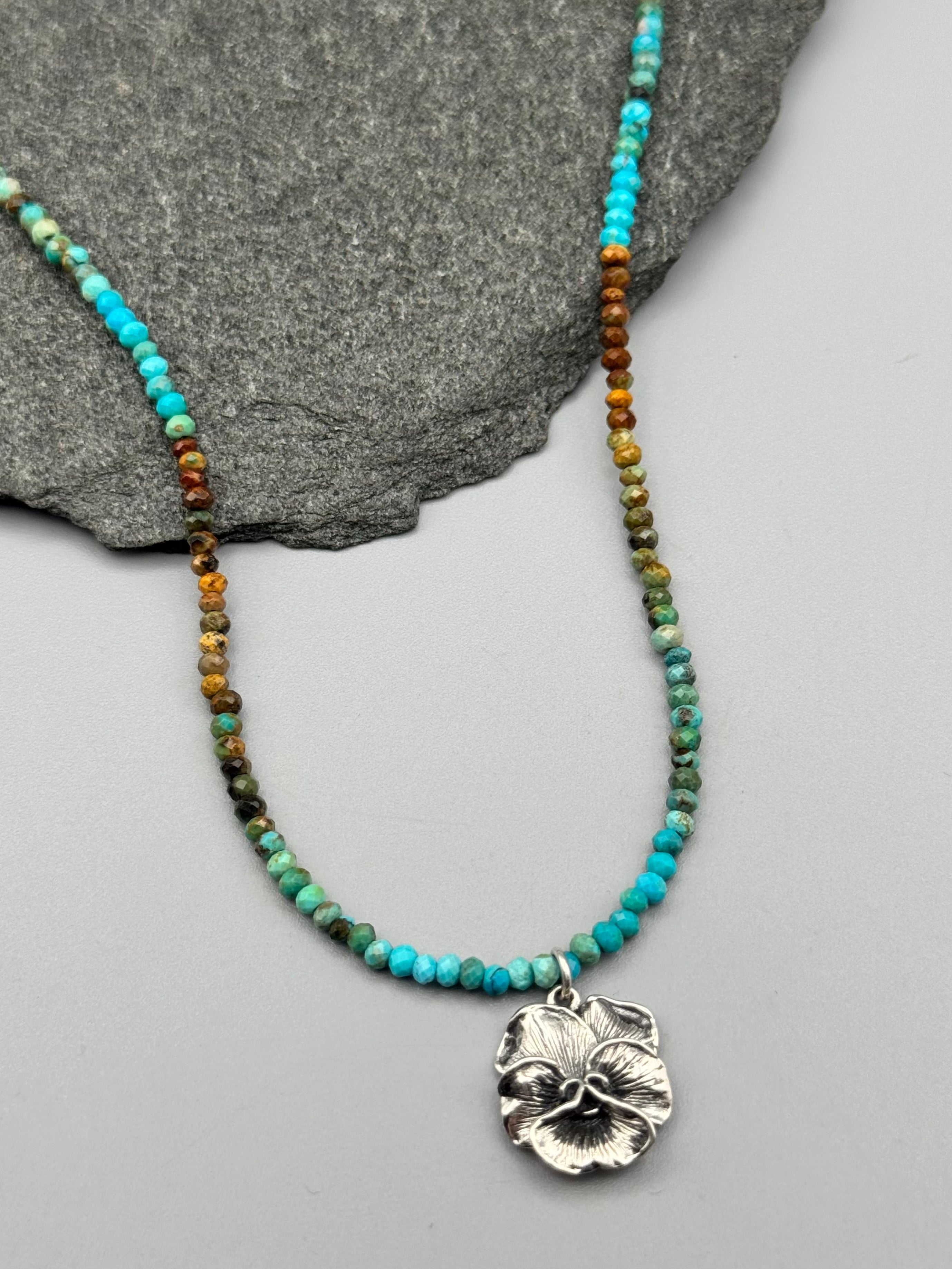 •TURQUOISE - PANSY• silver beaded necklace (16" - 18" long)