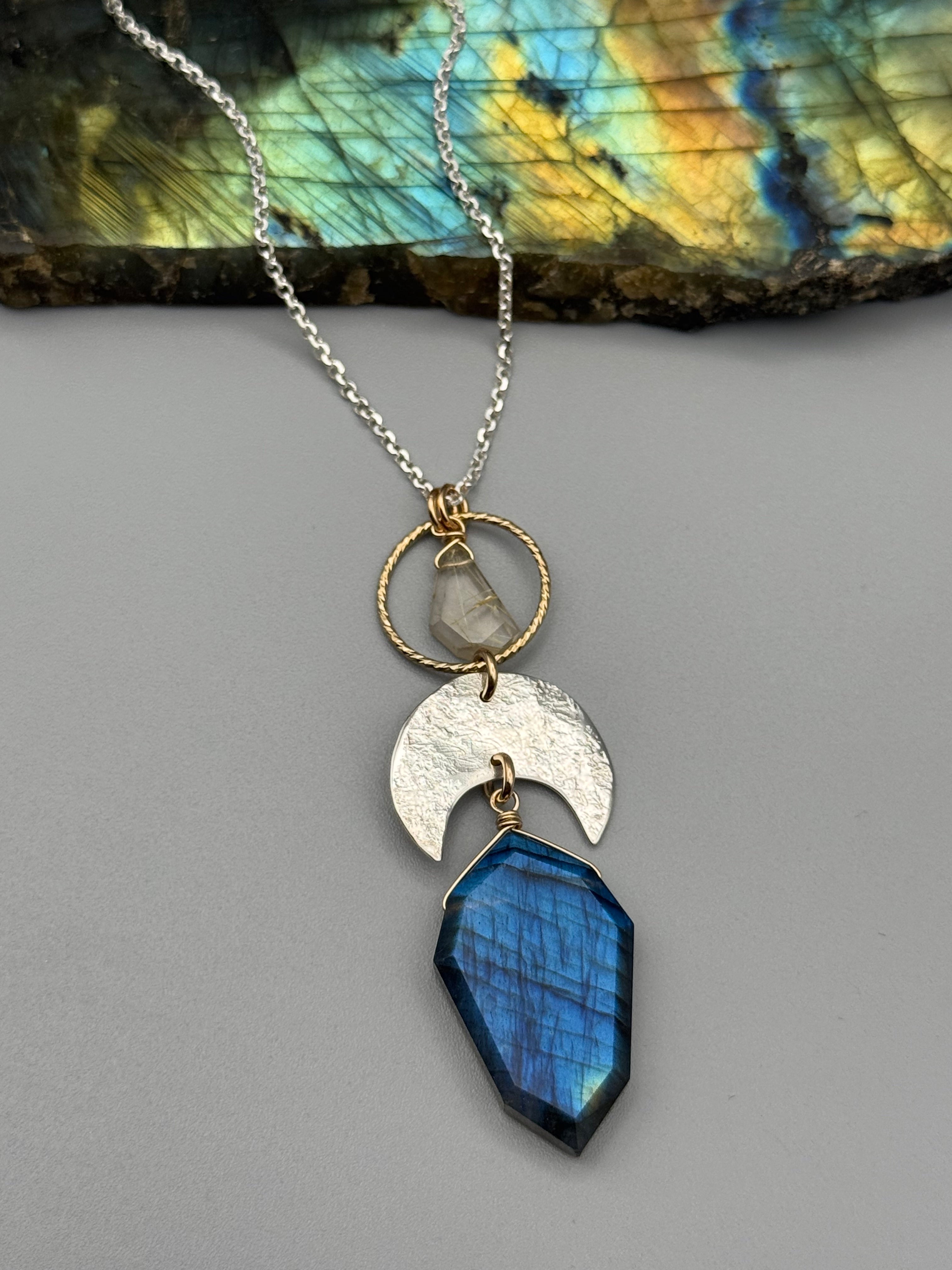 •NYX• rutilated quartz + labradorite mixed metal necklace (18"-20" long)