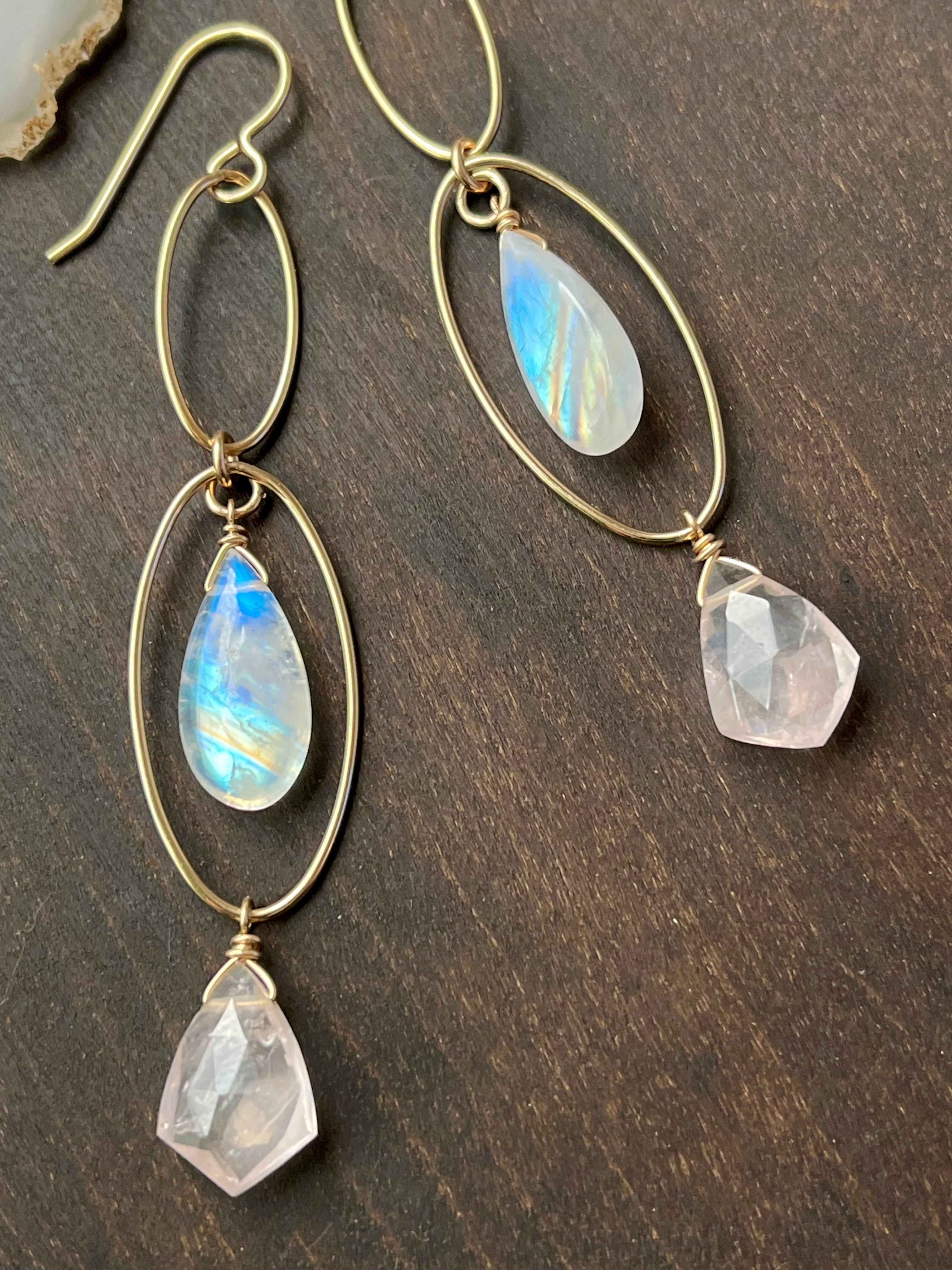 •DOUBLE LUNA• rose quartz + rainbow moonstone gold dangle earrings