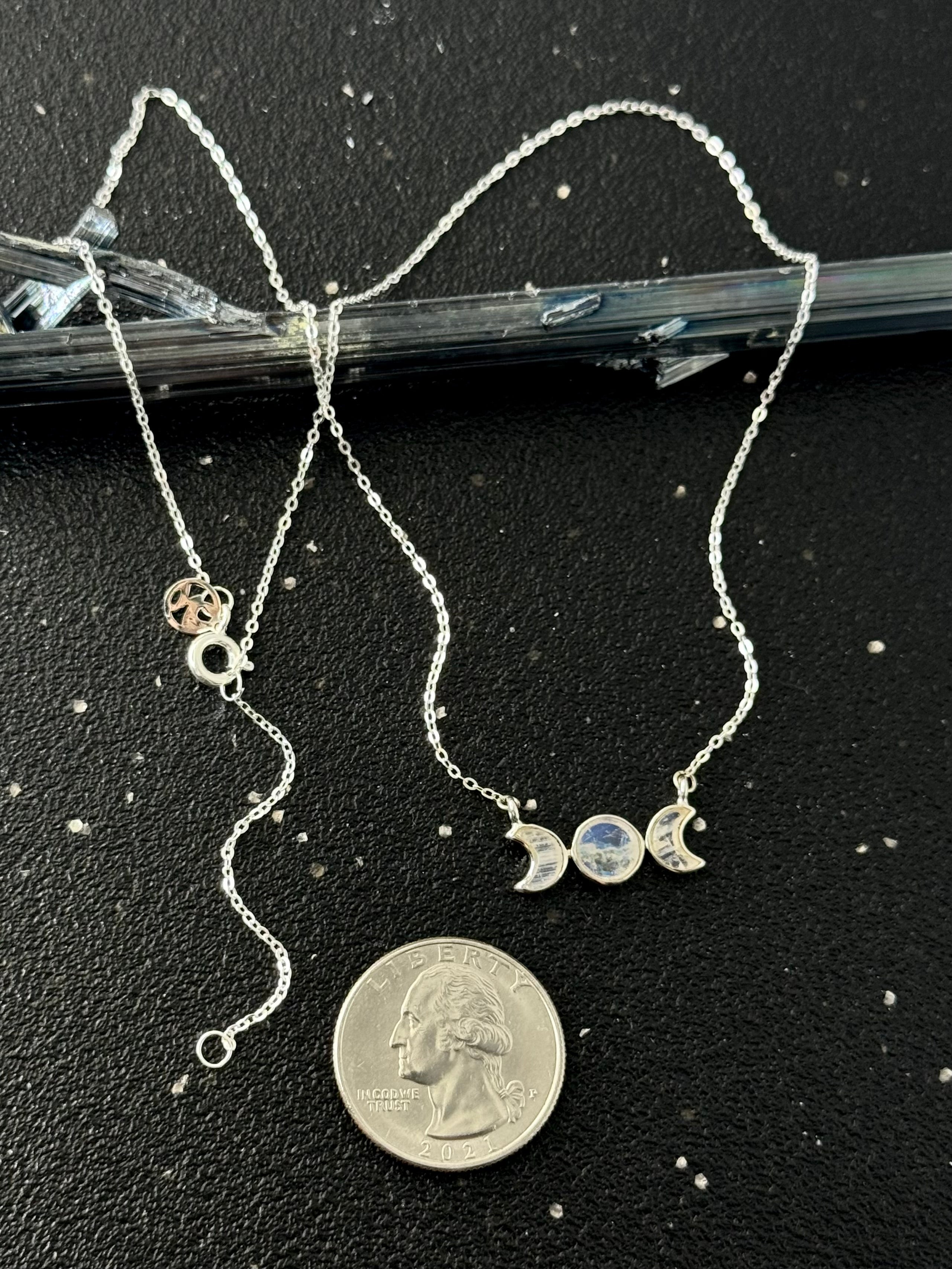 •SMALL MOON PHASE• rainbow moonstone + silver necklace (16"-18" long)