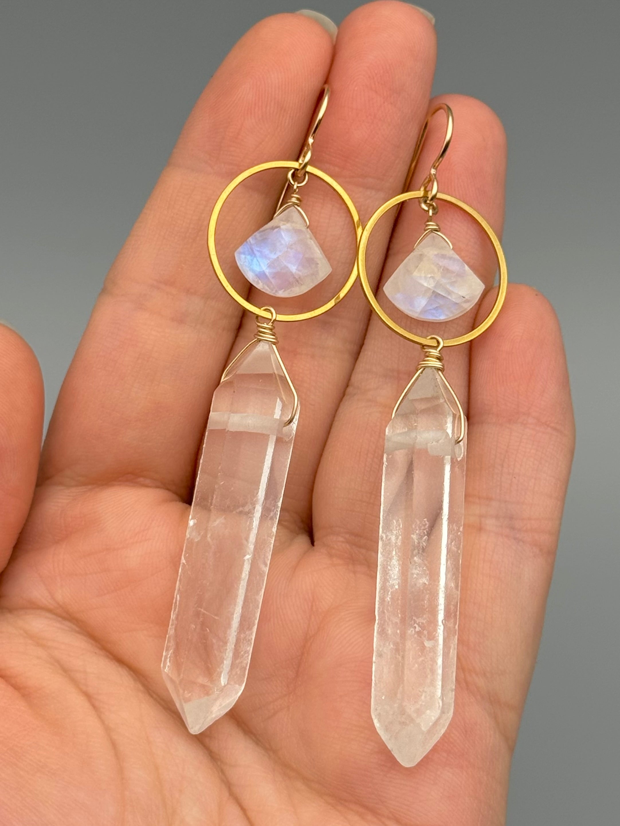•LUNA• rainbow moonstone + quartz gold earrings