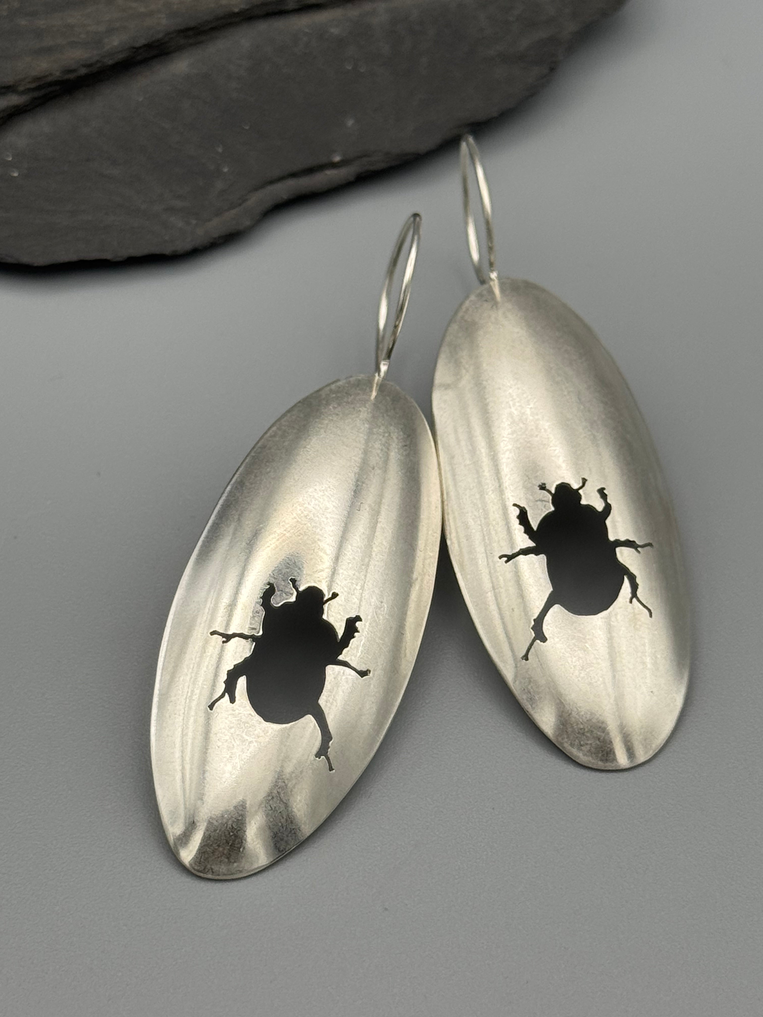 •SCARAB - OVAL• beetle silhouette + silver dangle earrings