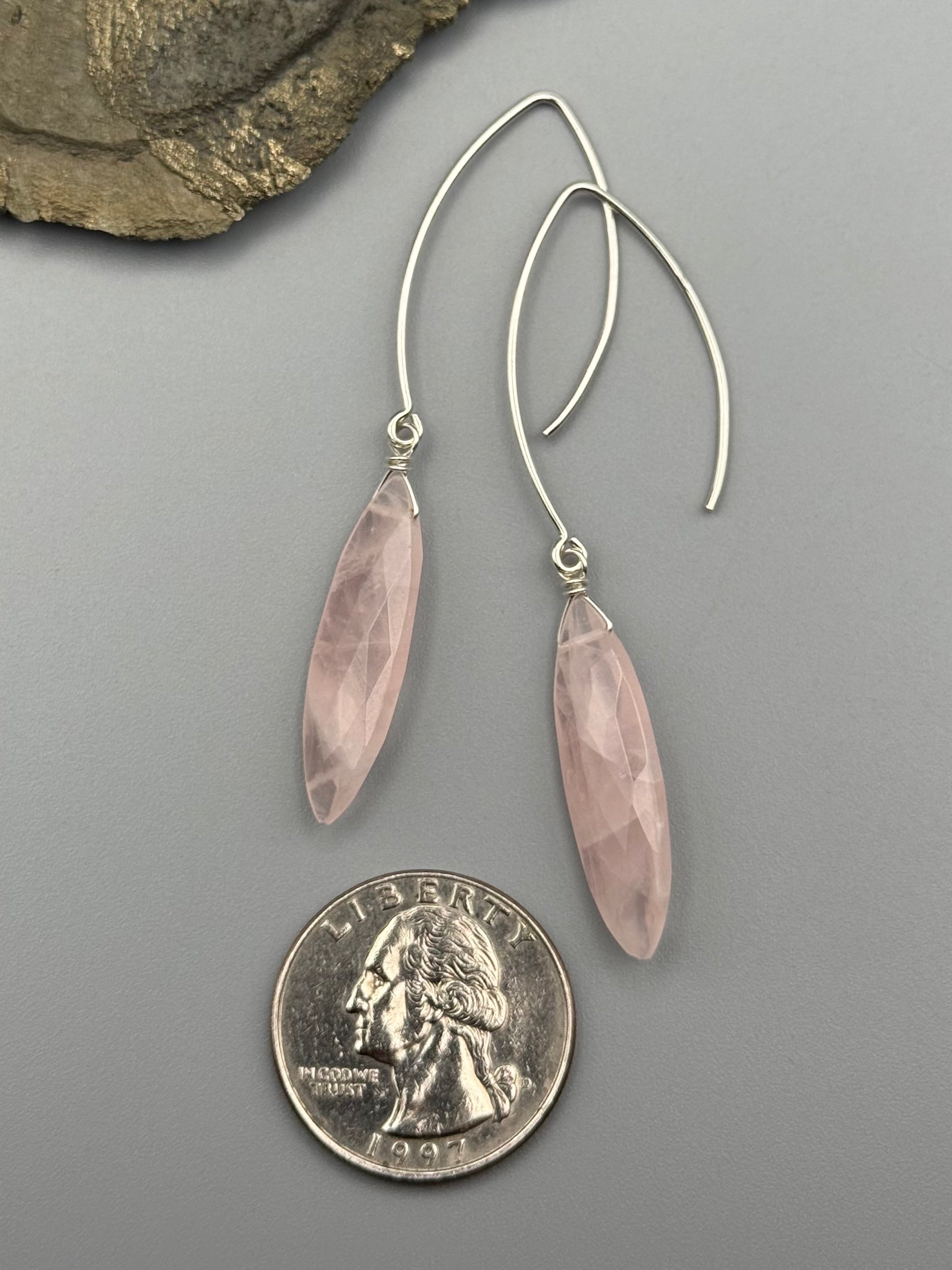 •STRAY• rose quartz marquise + silver earrings
