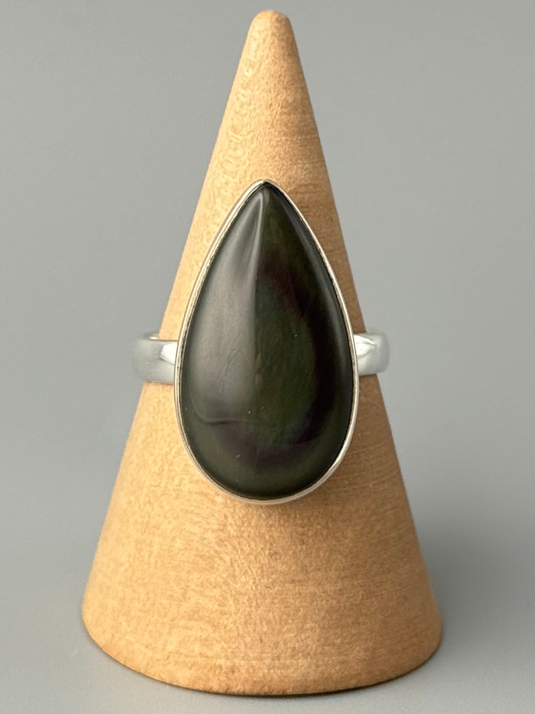 •RAINBOW OBSIDIAN - TEARDROP• simple bezel silver ring (size 8.75)