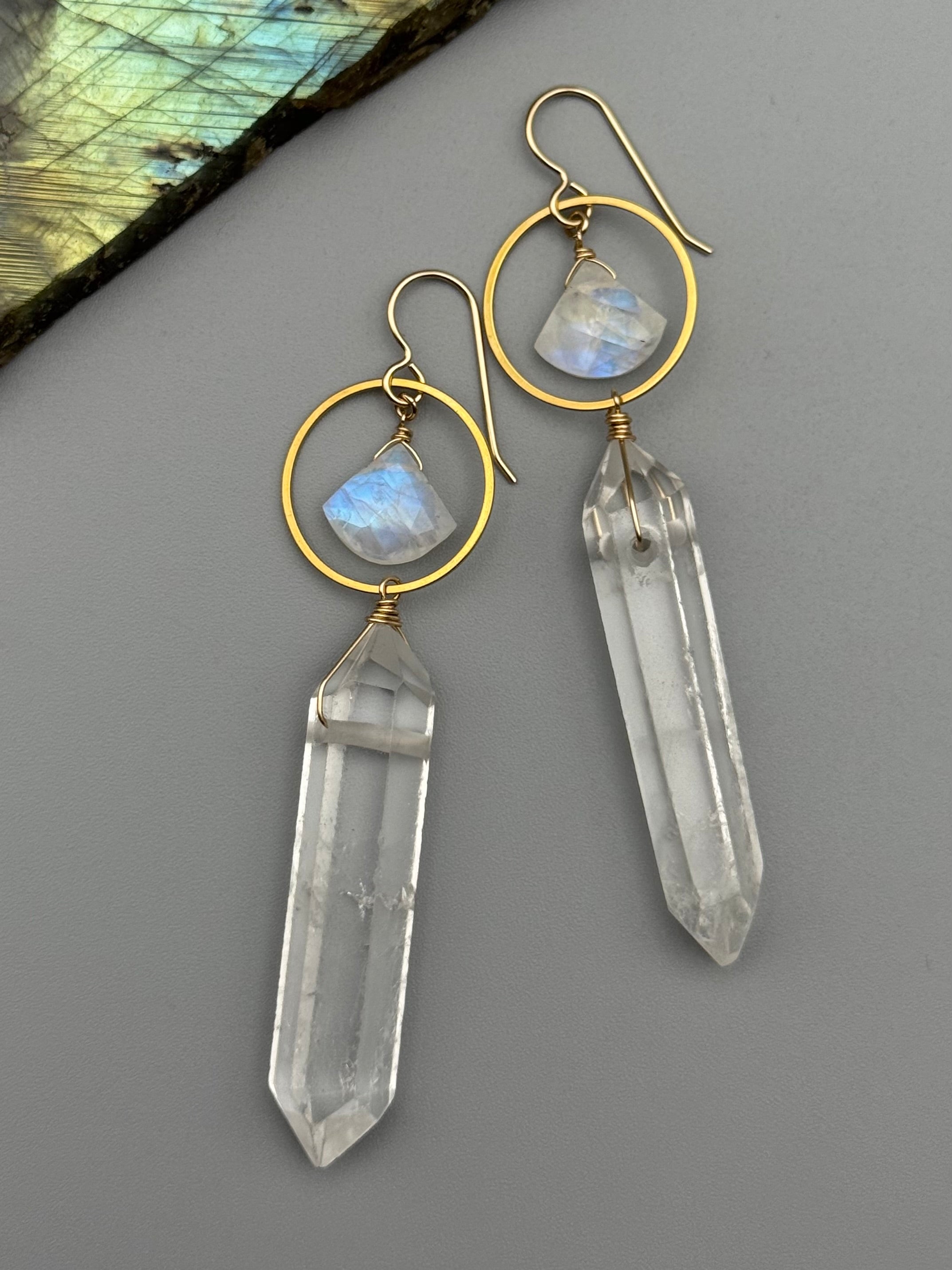 •LUNA• rainbow moonstone + quartz gold earrings
