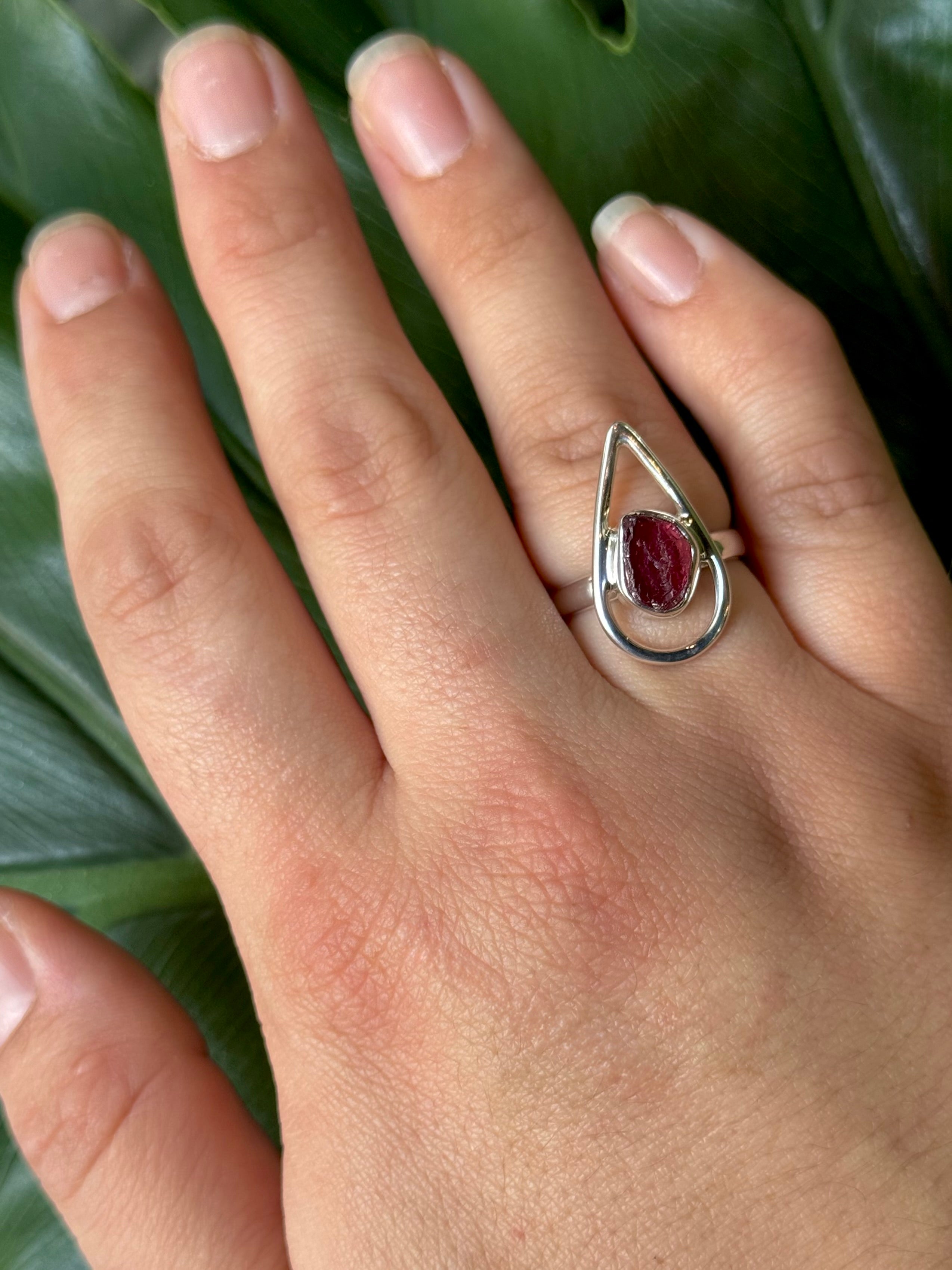 •GARNET - OPEN TEAR• silver ring (size 7.75)