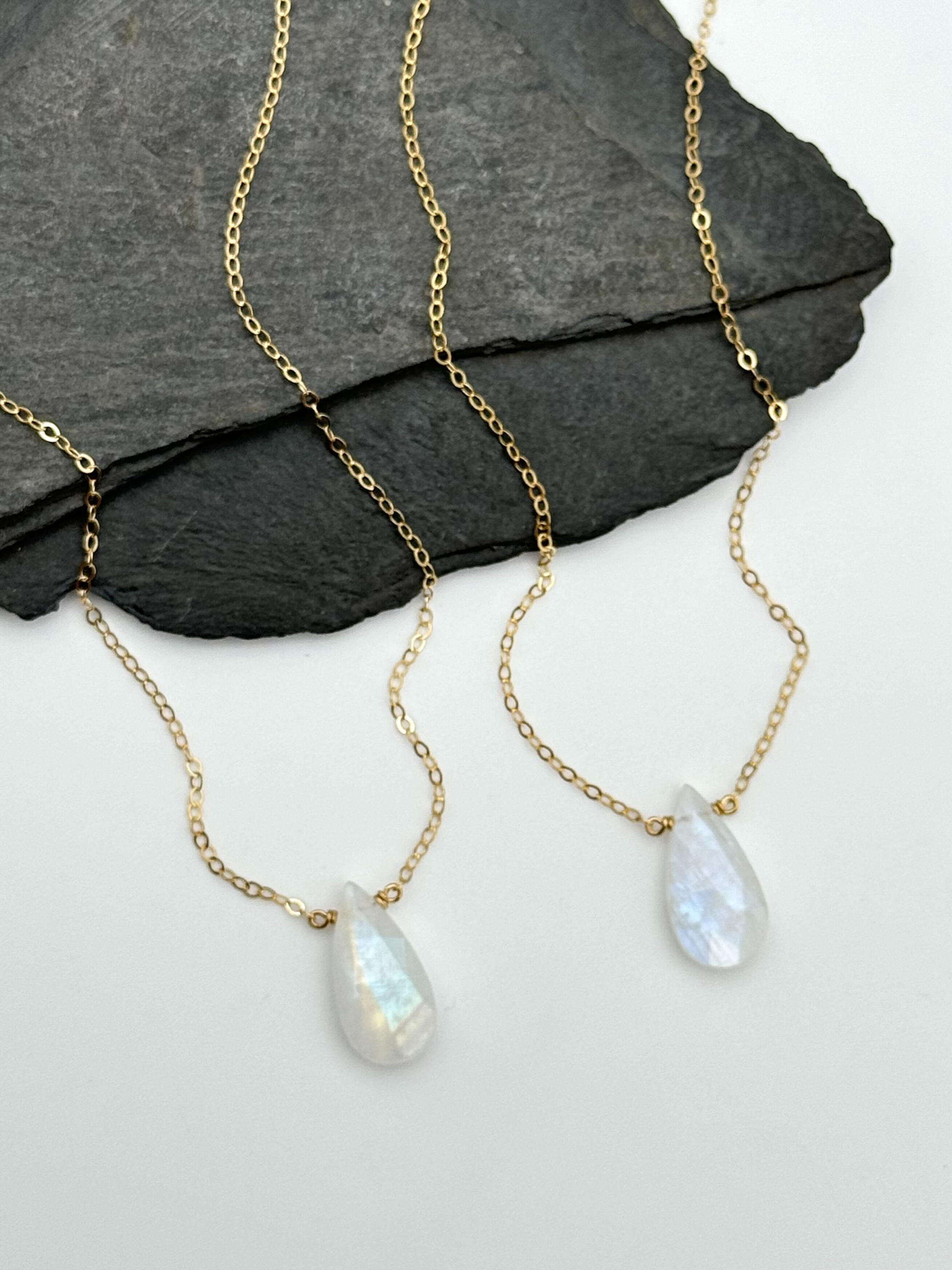 •STRAY• faceted rainbow moonstone teardrop + gold necklace