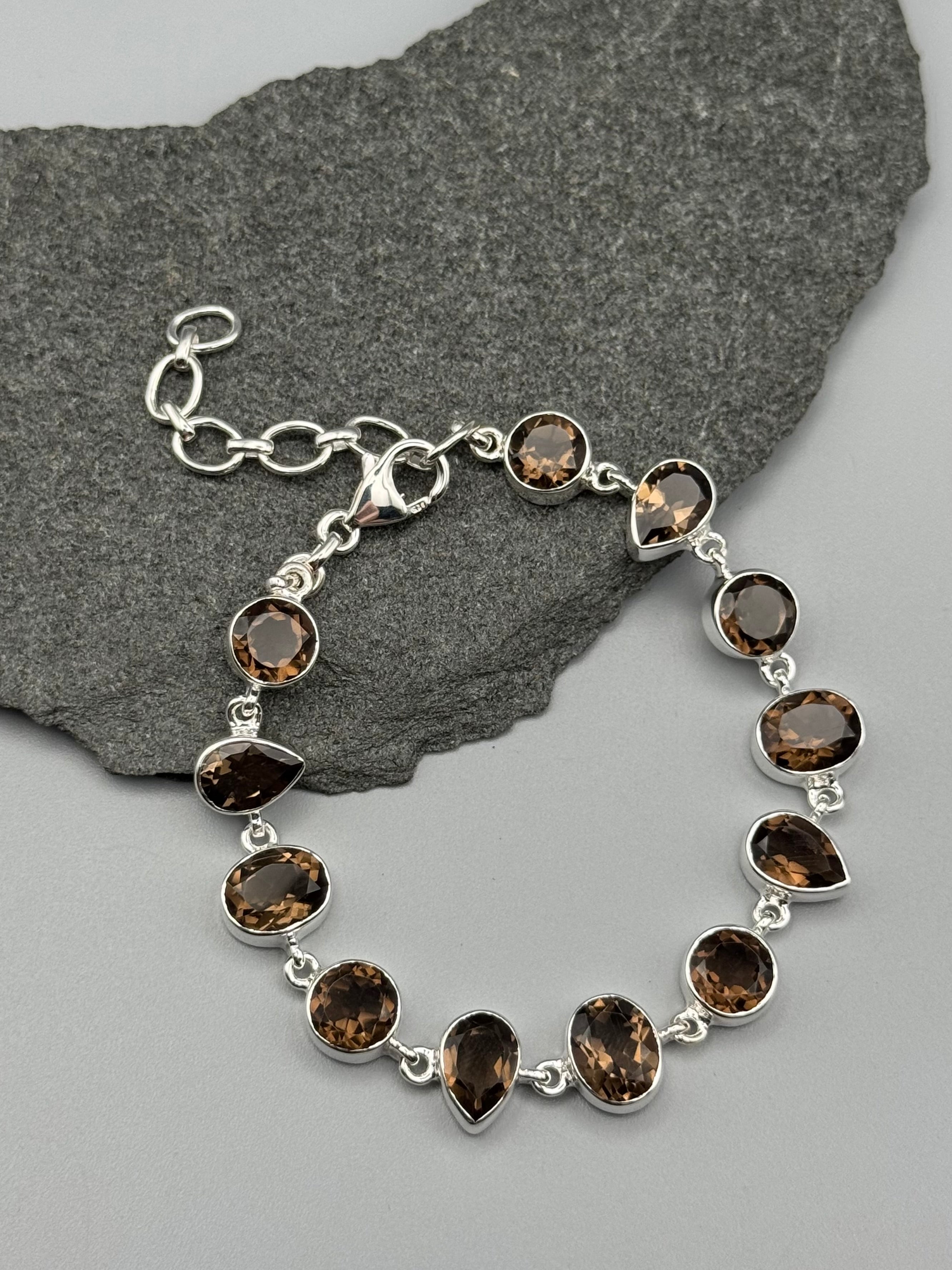 •SMOKY QUARTZ - GEO MIX• linked silver bracelet (7.25" - 9")