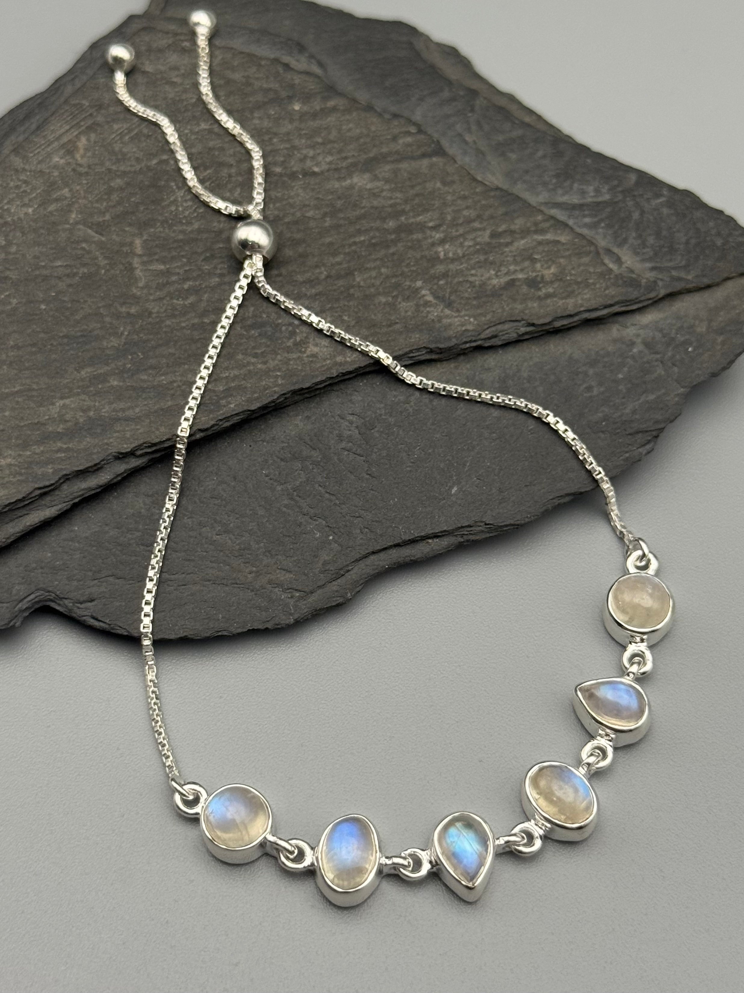 •RAINBOW MOONSTONE - GEO MIX• silver bolo bracelet (adj up to 9")