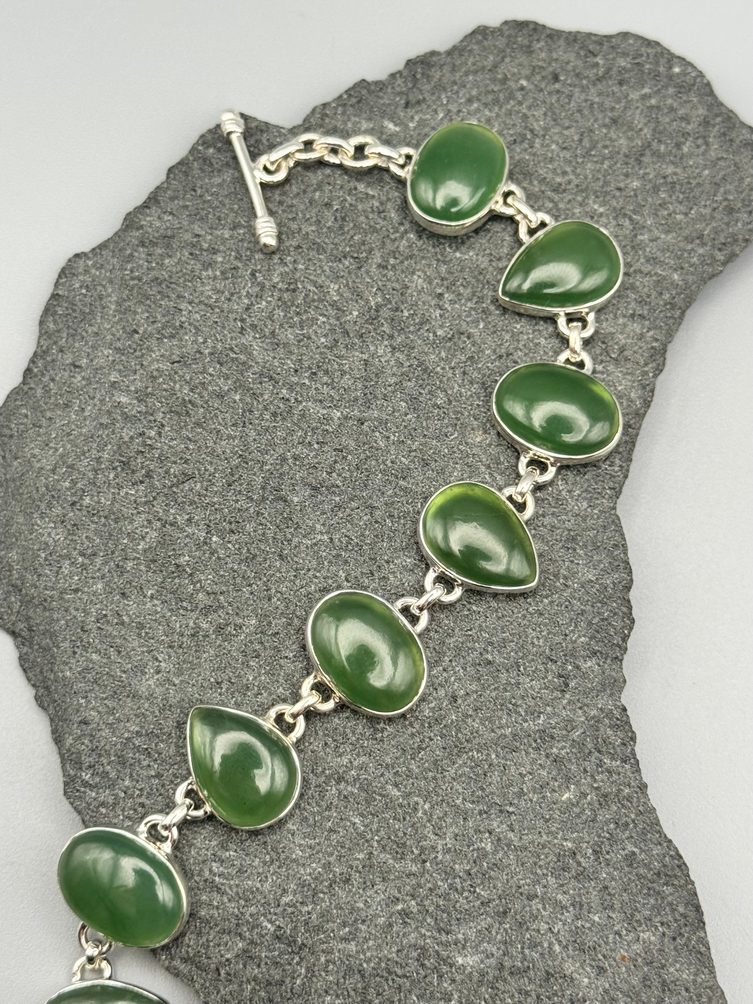•NEPHRITE JADE - GEO MIX• linked silver bracelet (7" - 8.25")