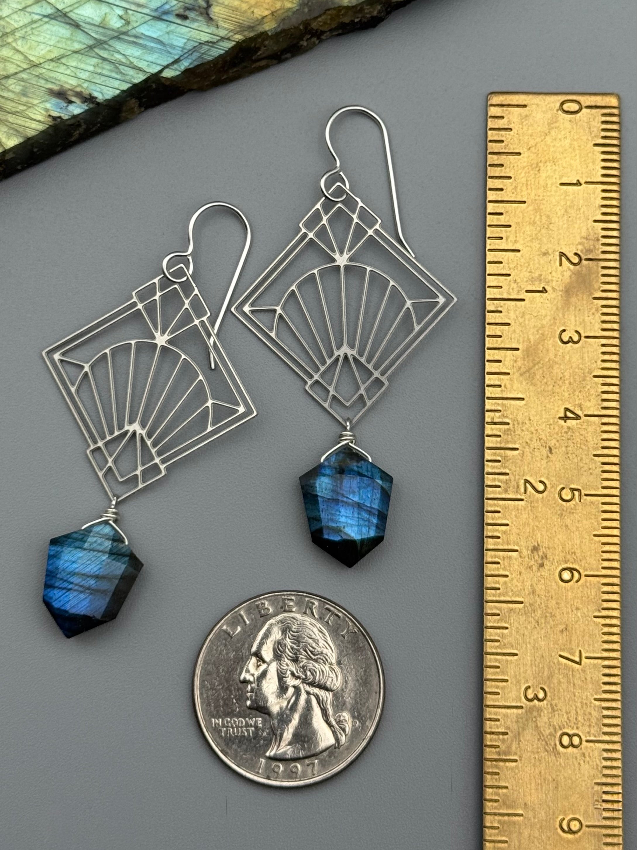 •DECO DIAMOND• labradorite shield + silver earrings