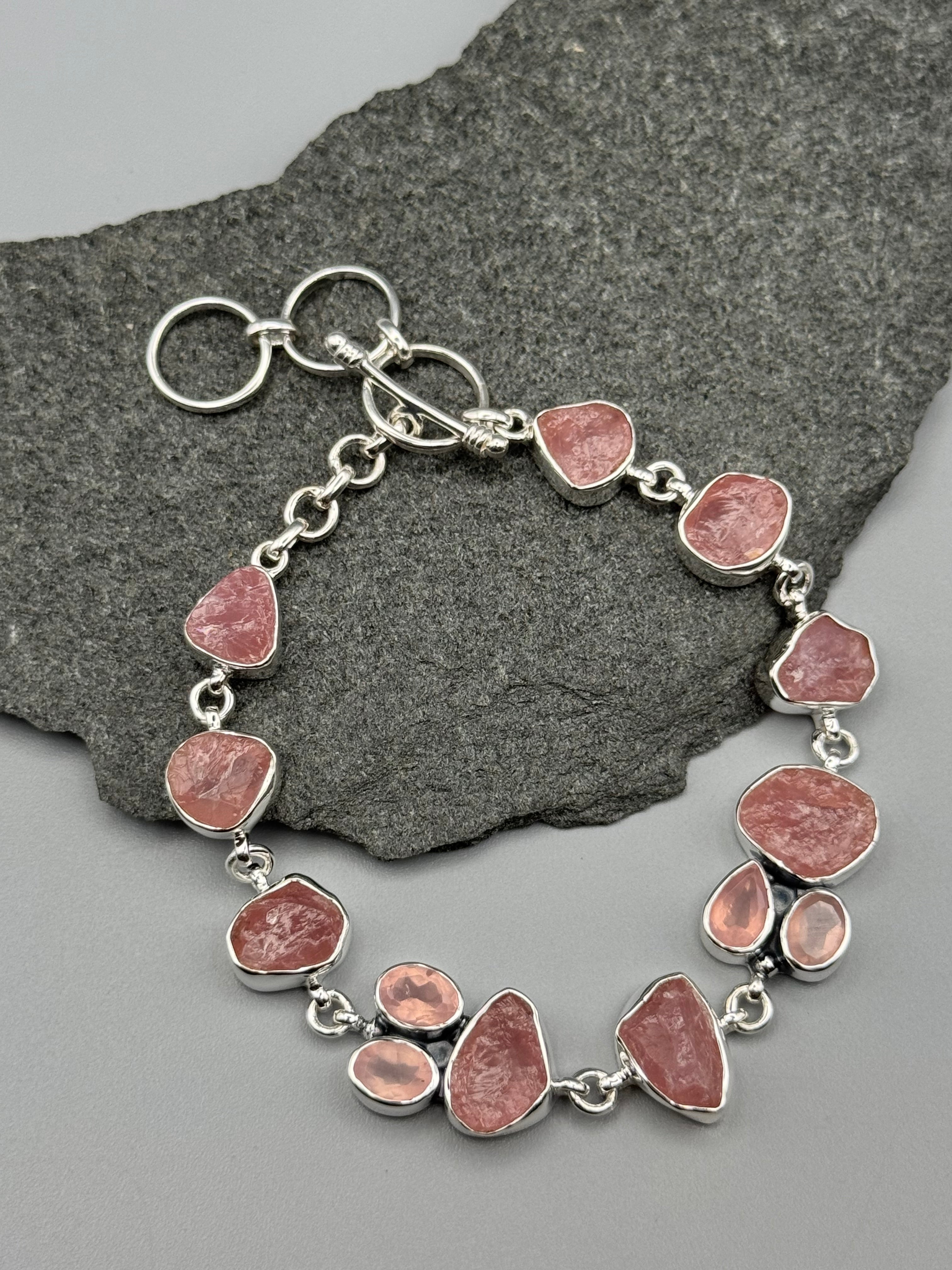 •ROSE QUARTZ - CLUSTER• linked silver bracelet (7.5" - 8.5")