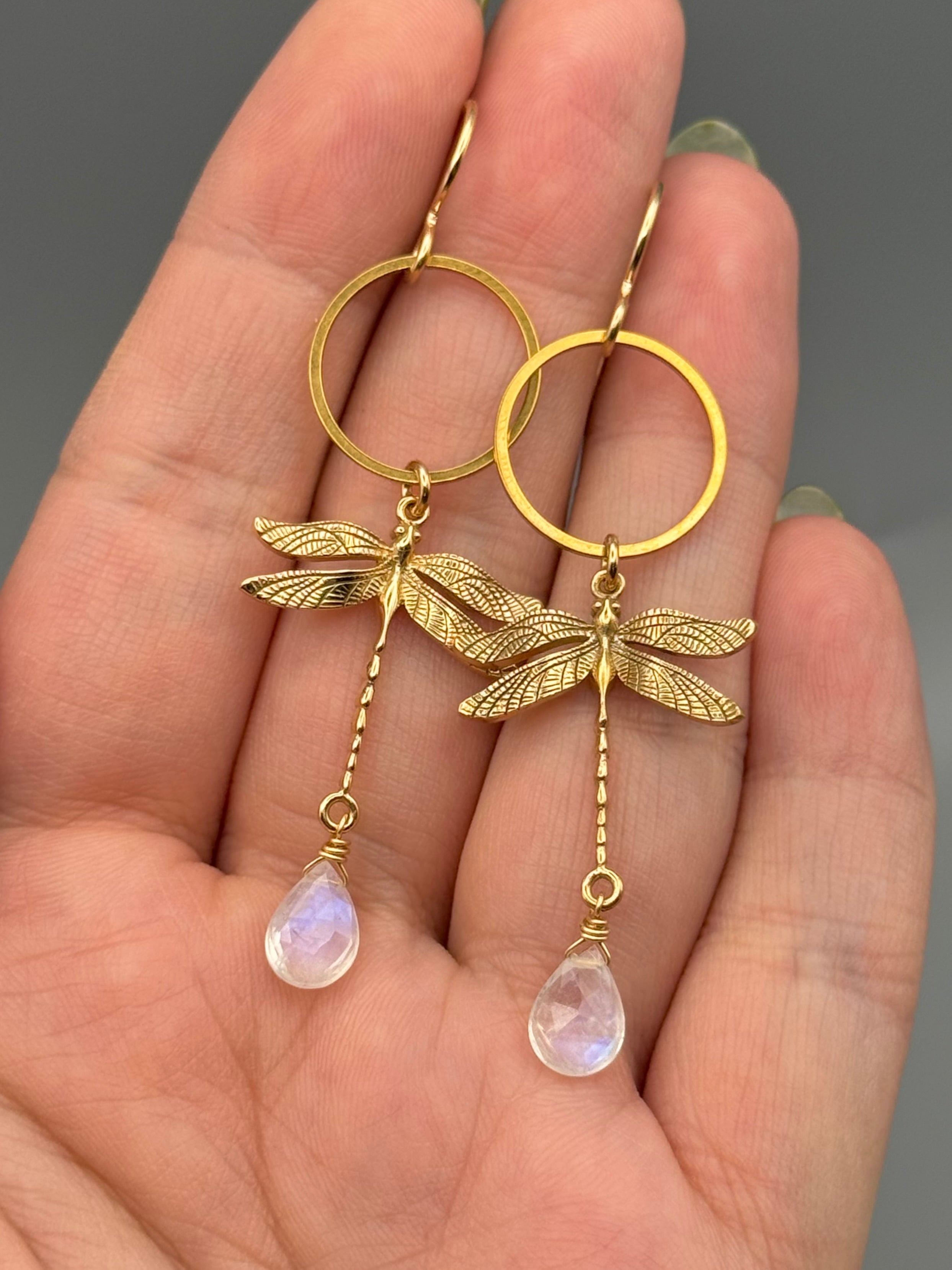 •ODONATA• rainbow moonstone + gold earrings