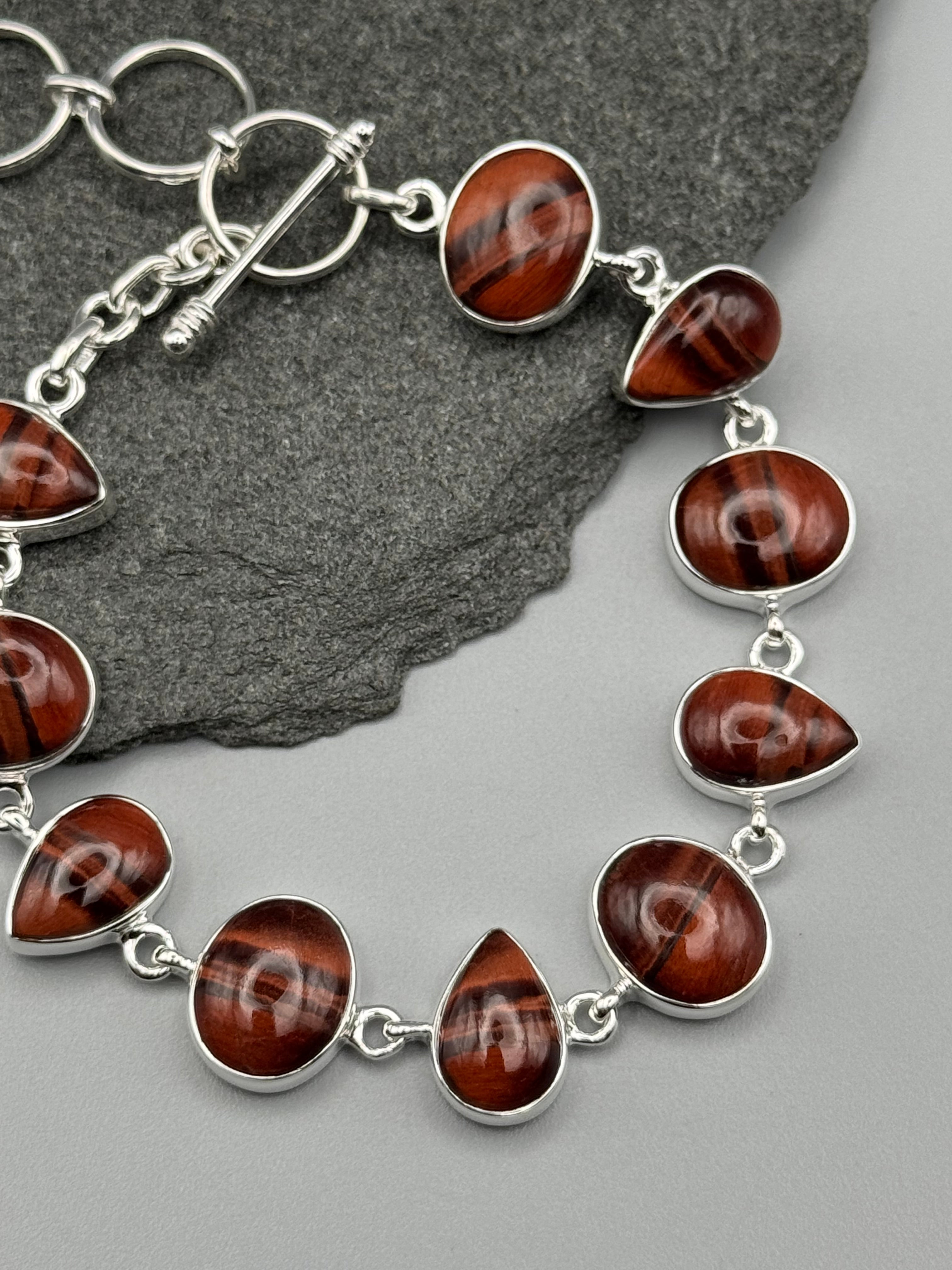•RED TIGER EYE - GEO MIX• linked silver bracelet (7" - 8.25")
