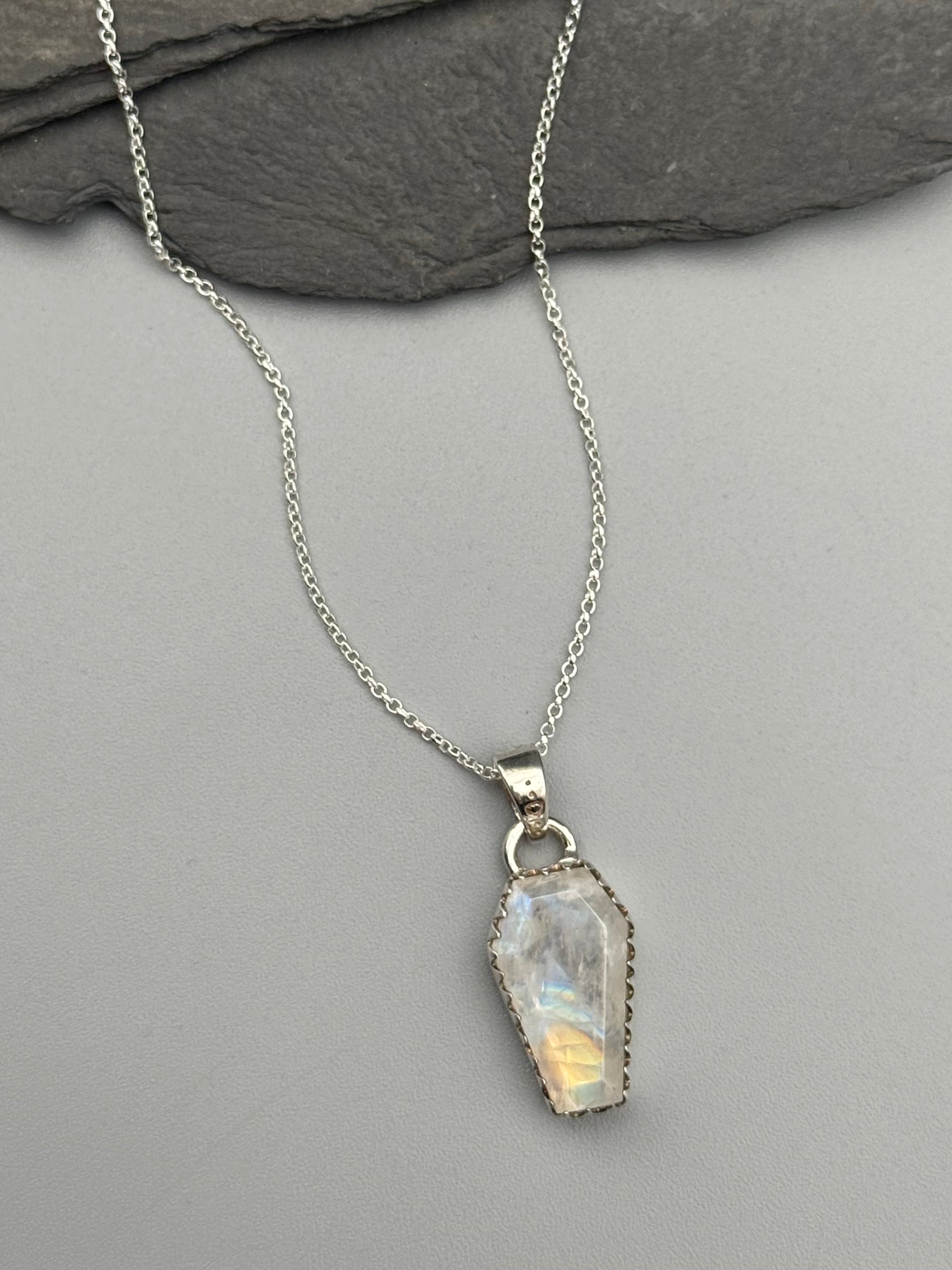 •RAINBOW MOONSTONE - COFFIN• serrated bezel silver necklace (18" long)