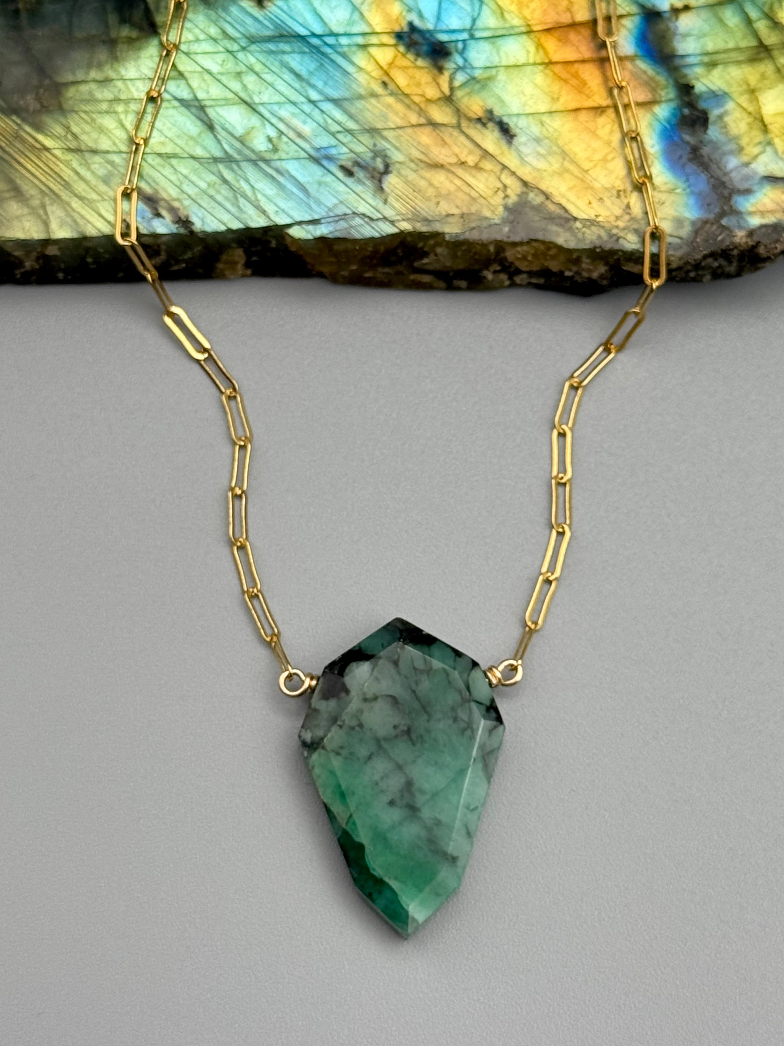 •AEON• emerald petal + gold necklace (18"-20" long)