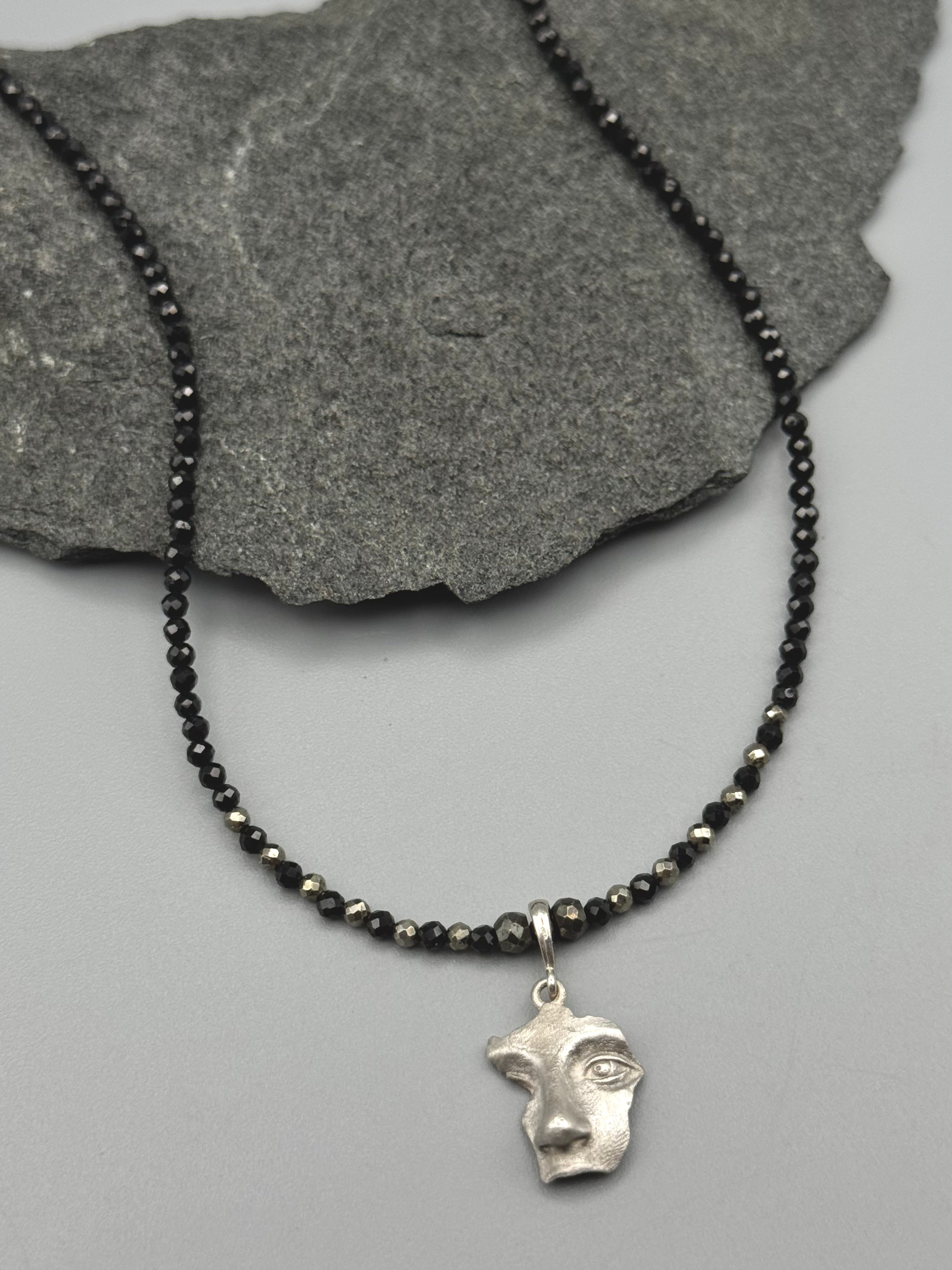 •BLACK SPINEL + PYRITE - ORACLE• silver beaded necklace (17.5" long)