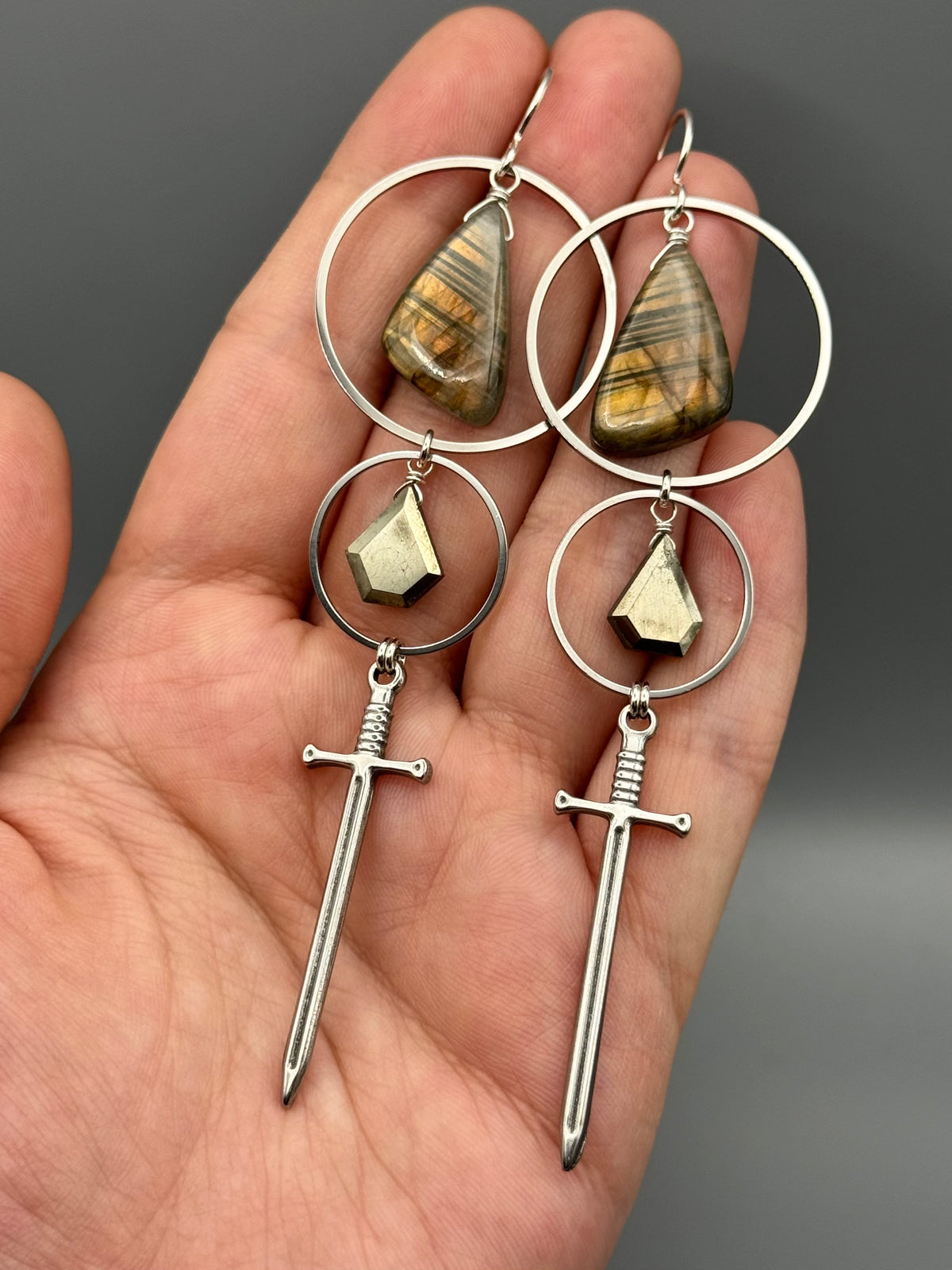 •AELIN• golden labradorite wing + pyrite silver earrings
