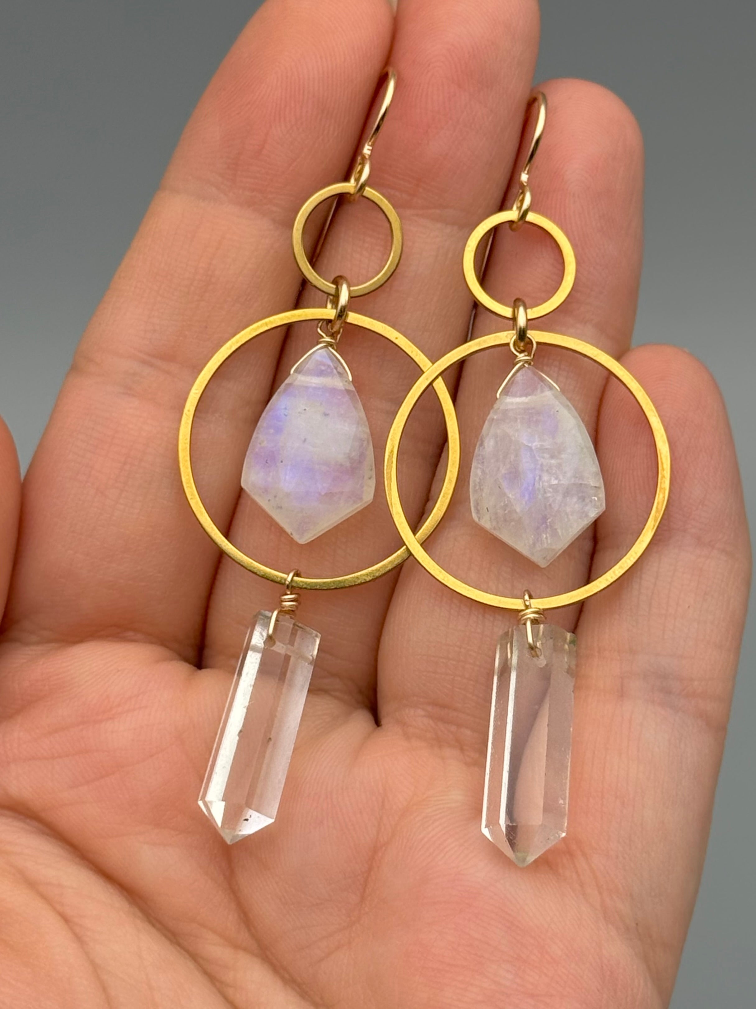 •EQUA-LUNA• rainbow moonstone + quartz point gold earrings