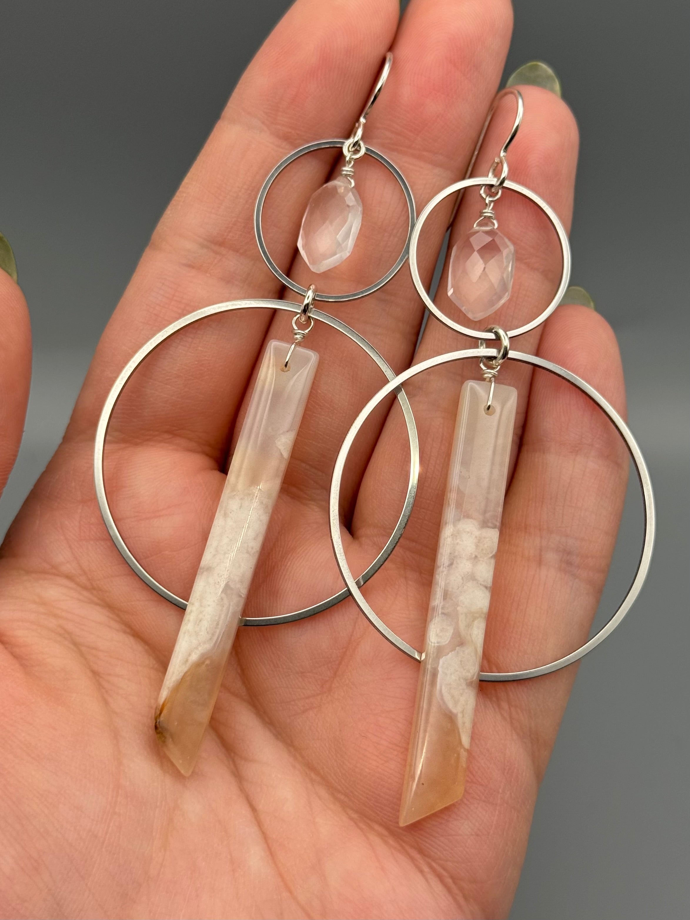 •EQUA-ORBIT• rose quartz + cherry blossom agate silver earrings