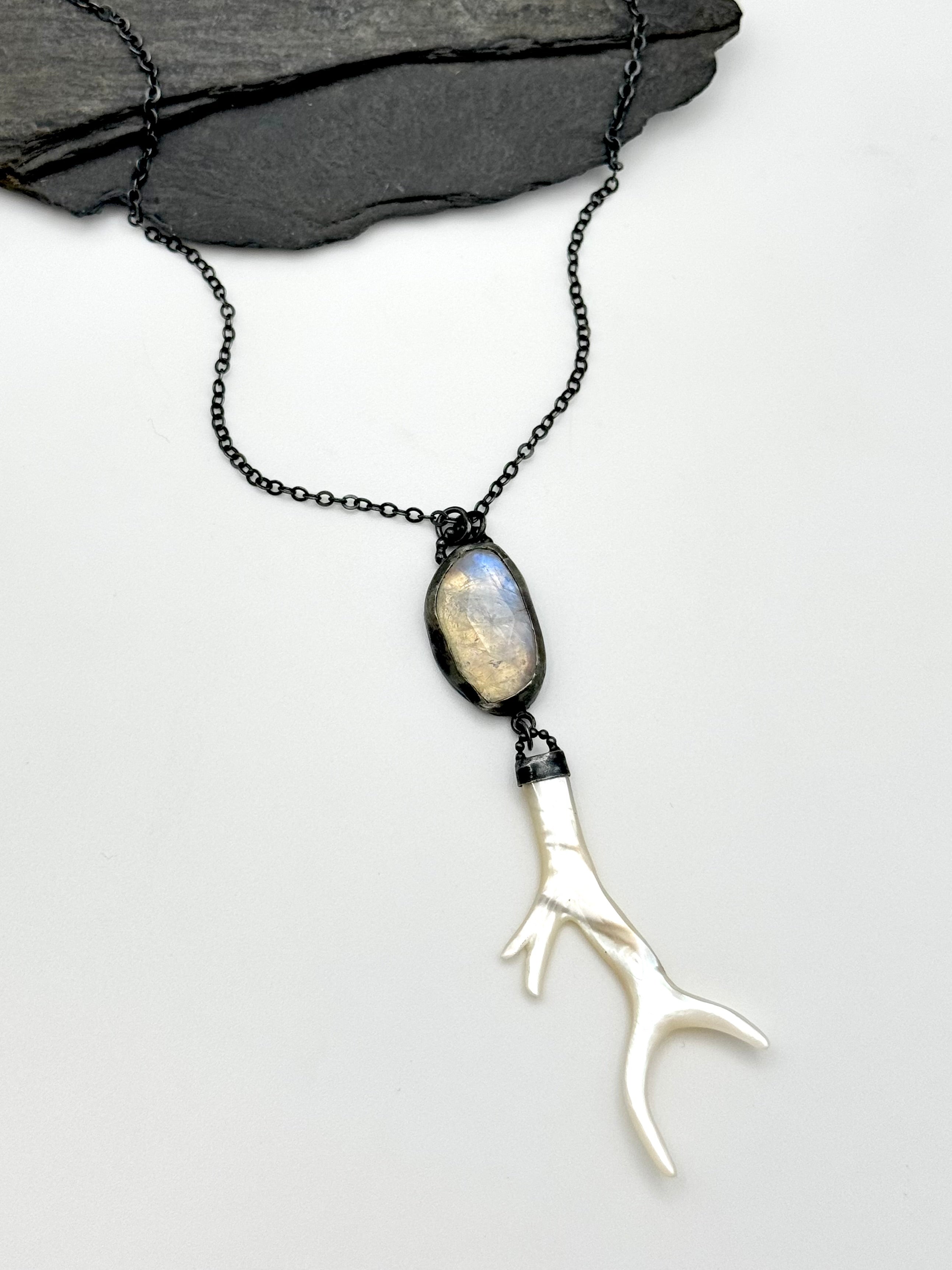 •MYSTIC BRANCH• rainbow moonstone + carved mother of pearl  + silver necklace (18" long)