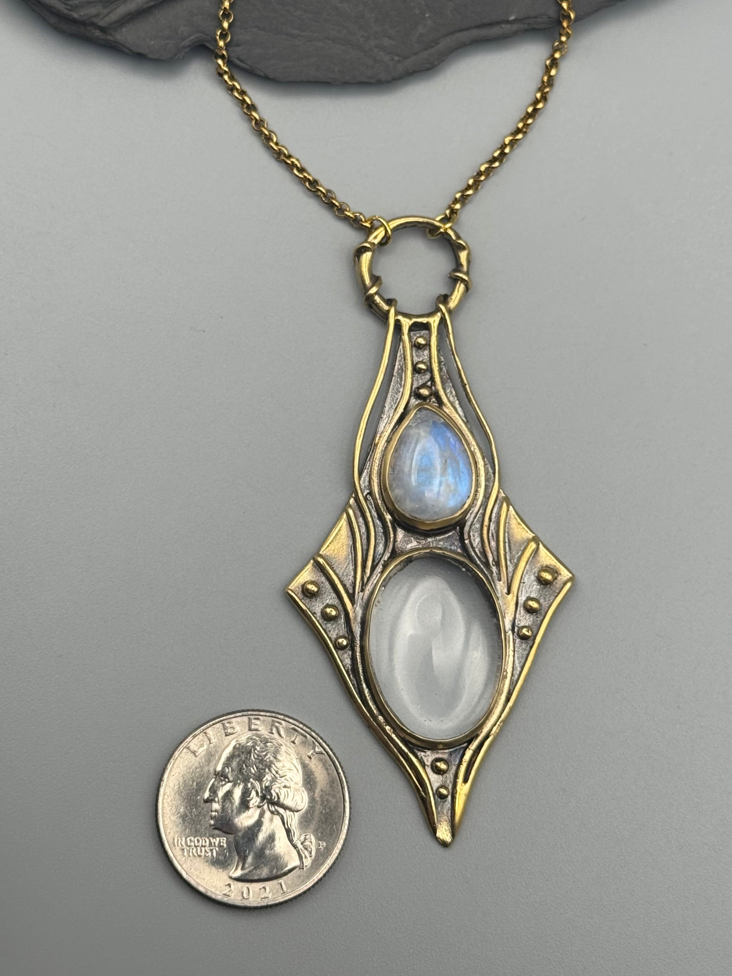 •NIMUE• rainbow moonstone + quartz gold necklace (20" long)