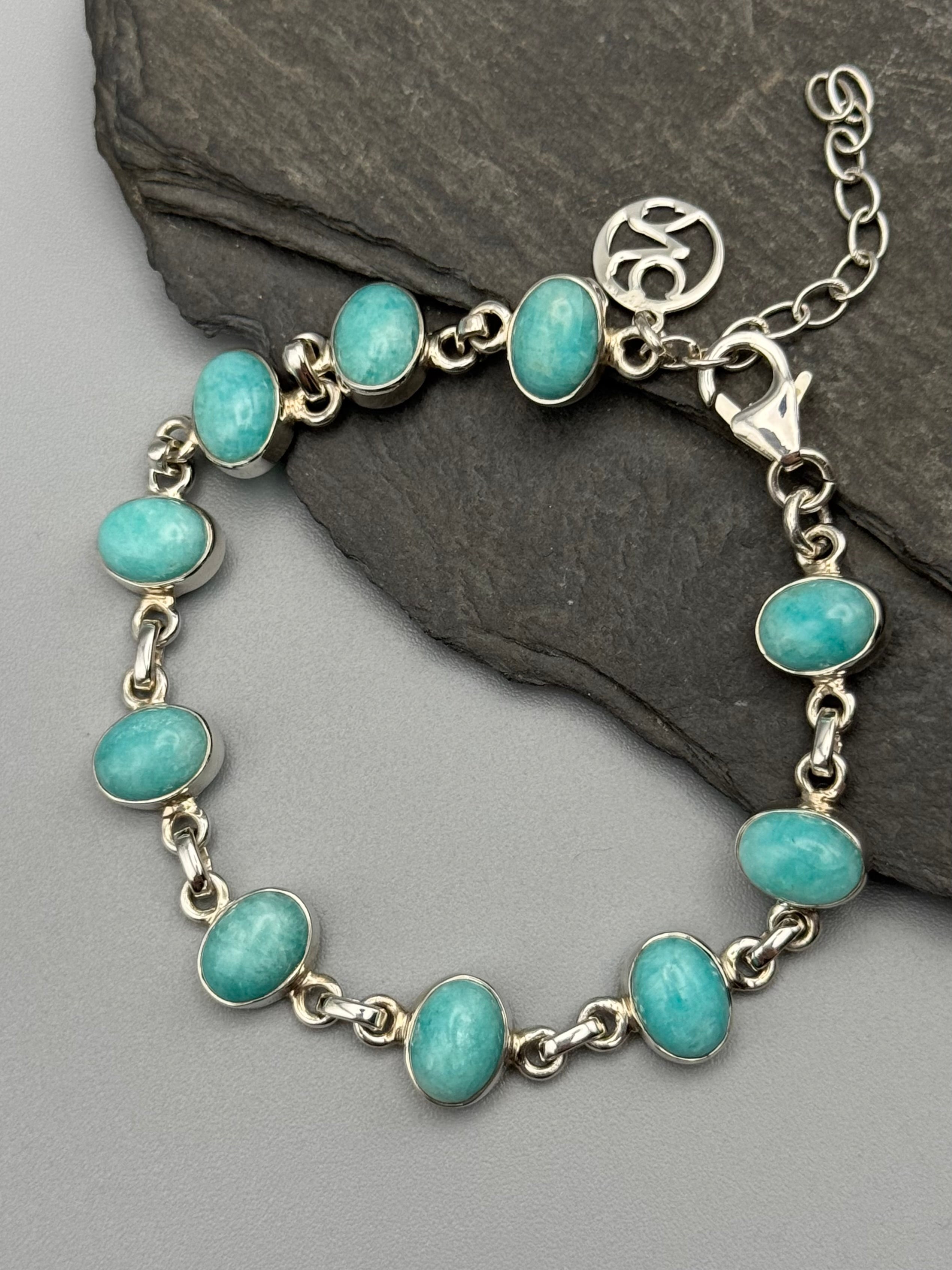 •AMAZONITE - OVAL• linked silver bracelet (6.5" - 7.75")