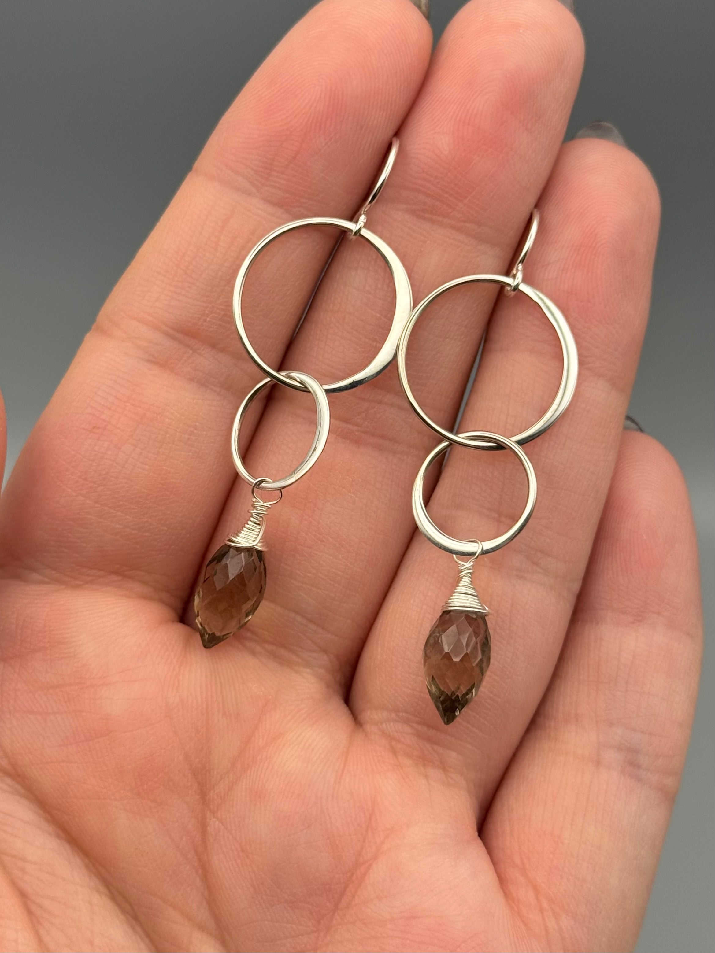 •DOUBLE HOOP• smoky quartz + silver earrings