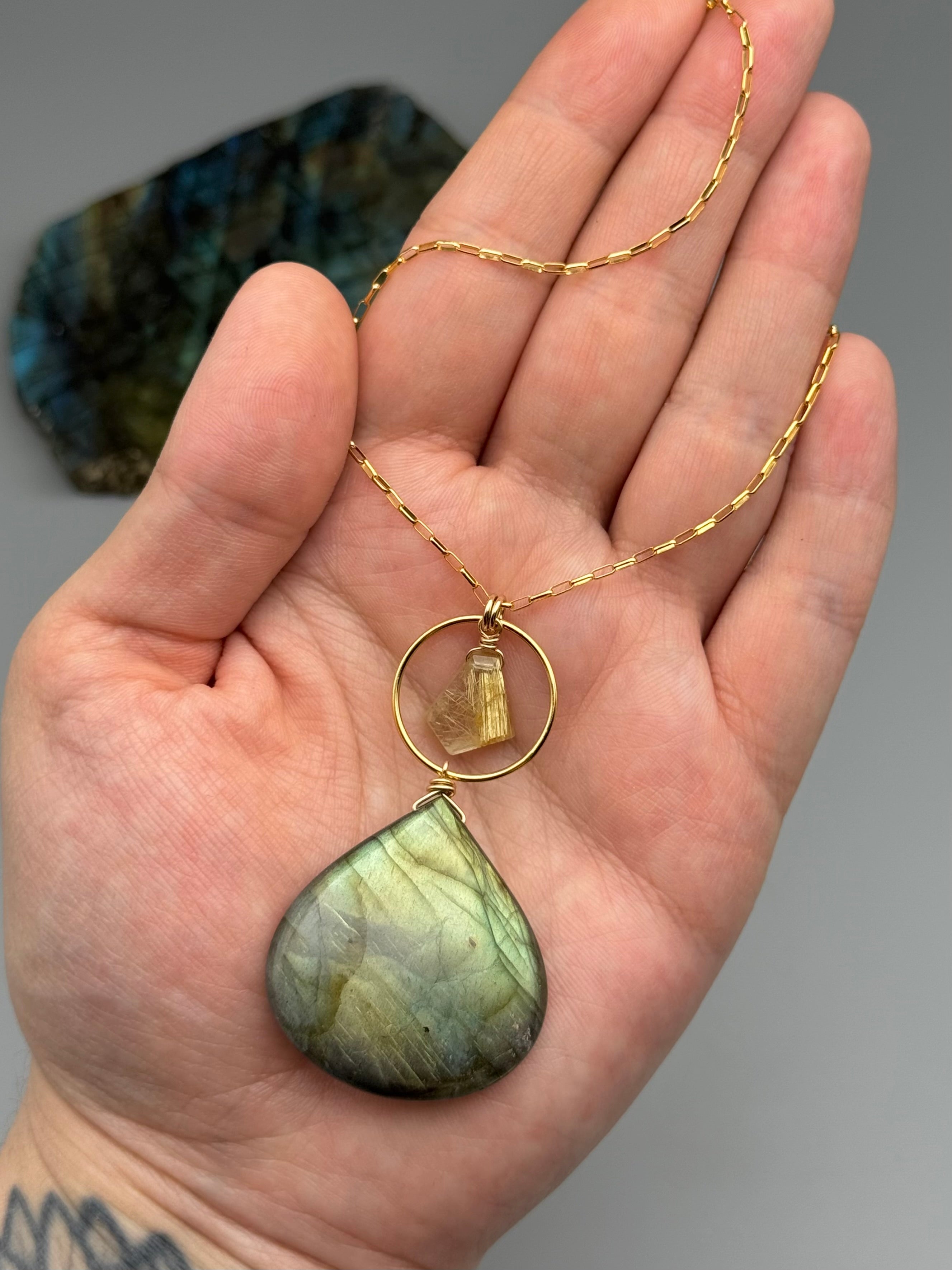 •LUNA• rutilated quartz + labradorite gold necklace (18"-20" long)