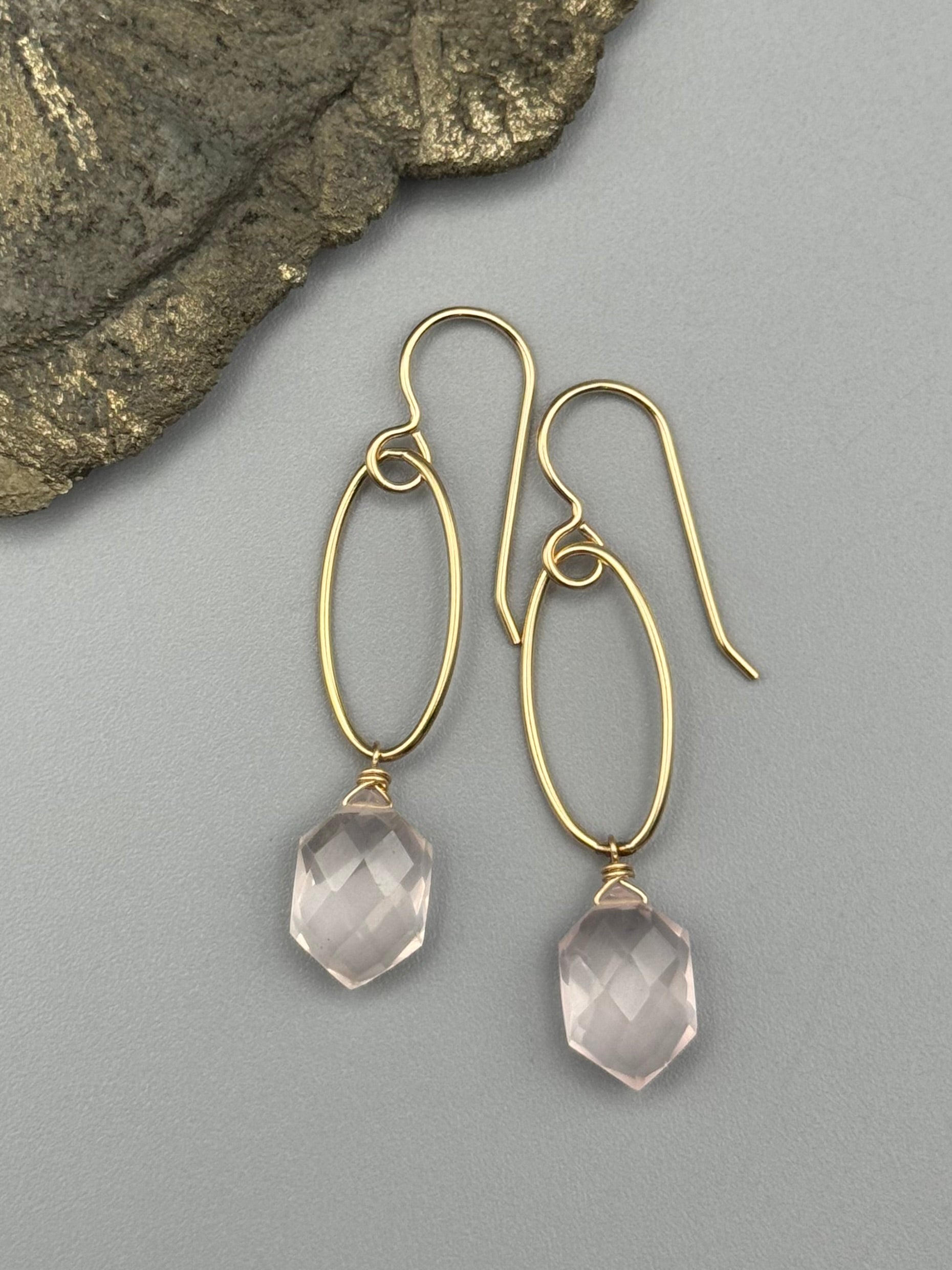 •IO• rose quartz hex + gold earrings