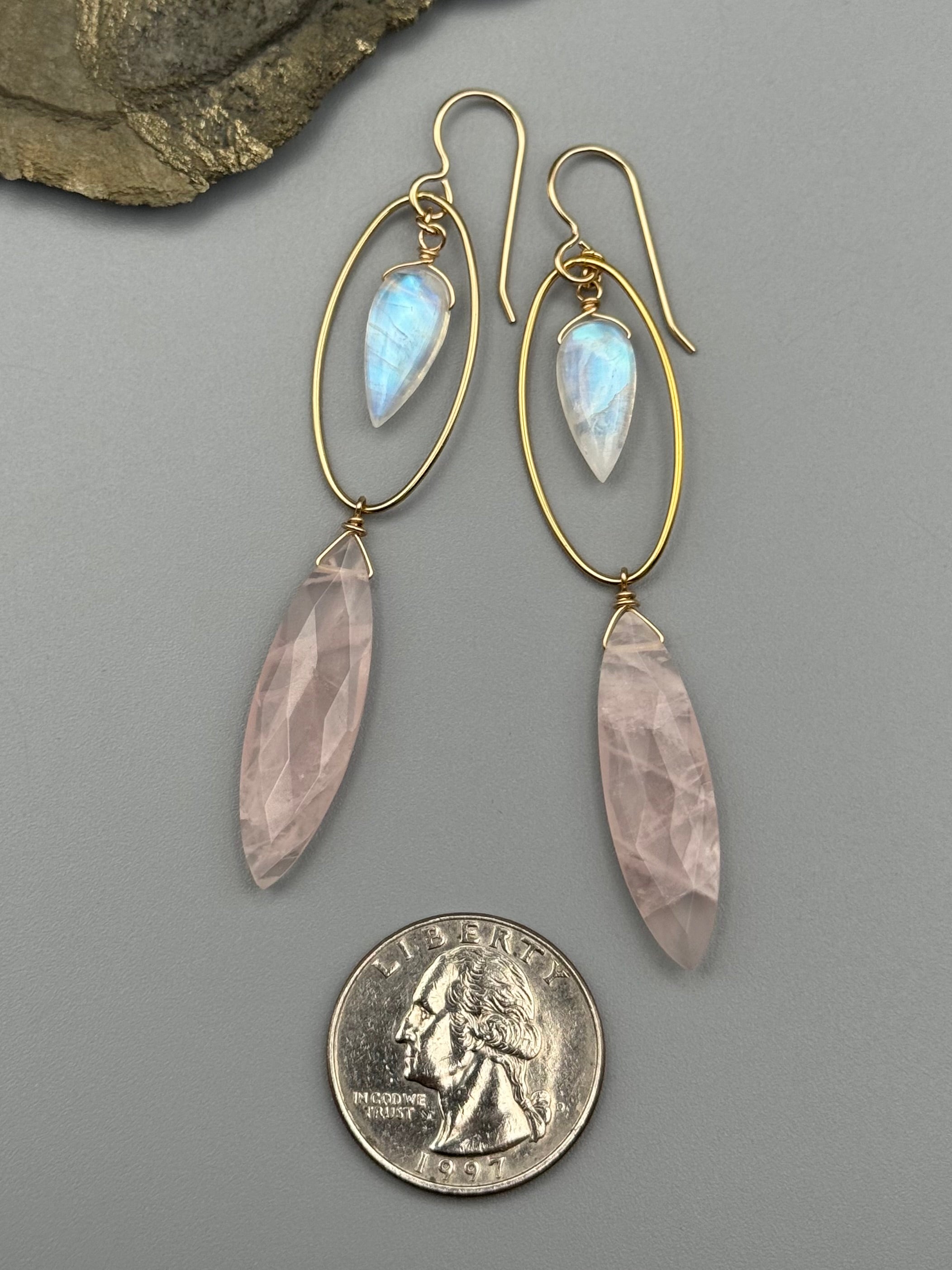 •LUNA• rainbow moonstone + rose quartz gold earrings