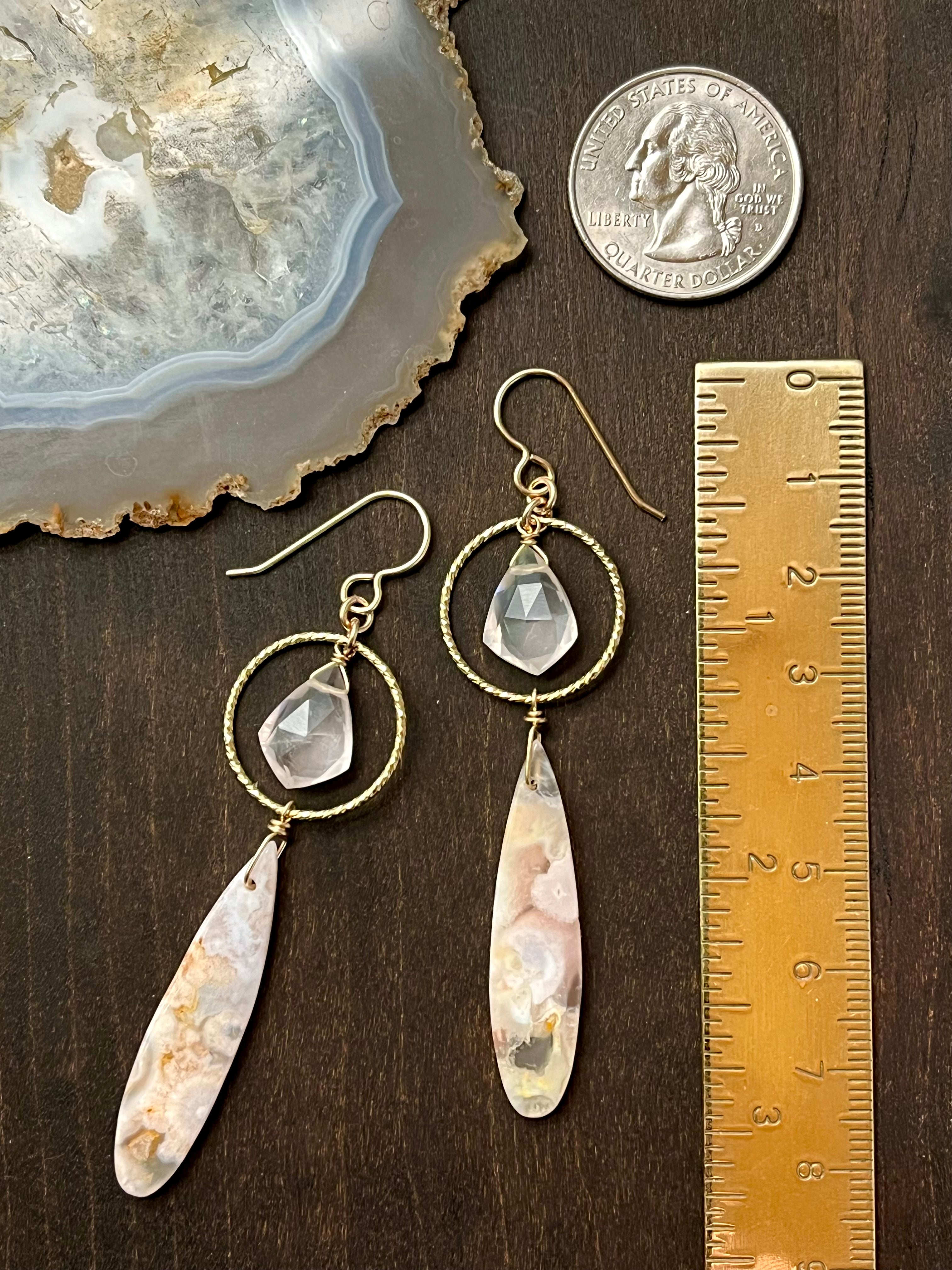 •LUNA• cherry blossom agate + rose quartz gold dangle earrings