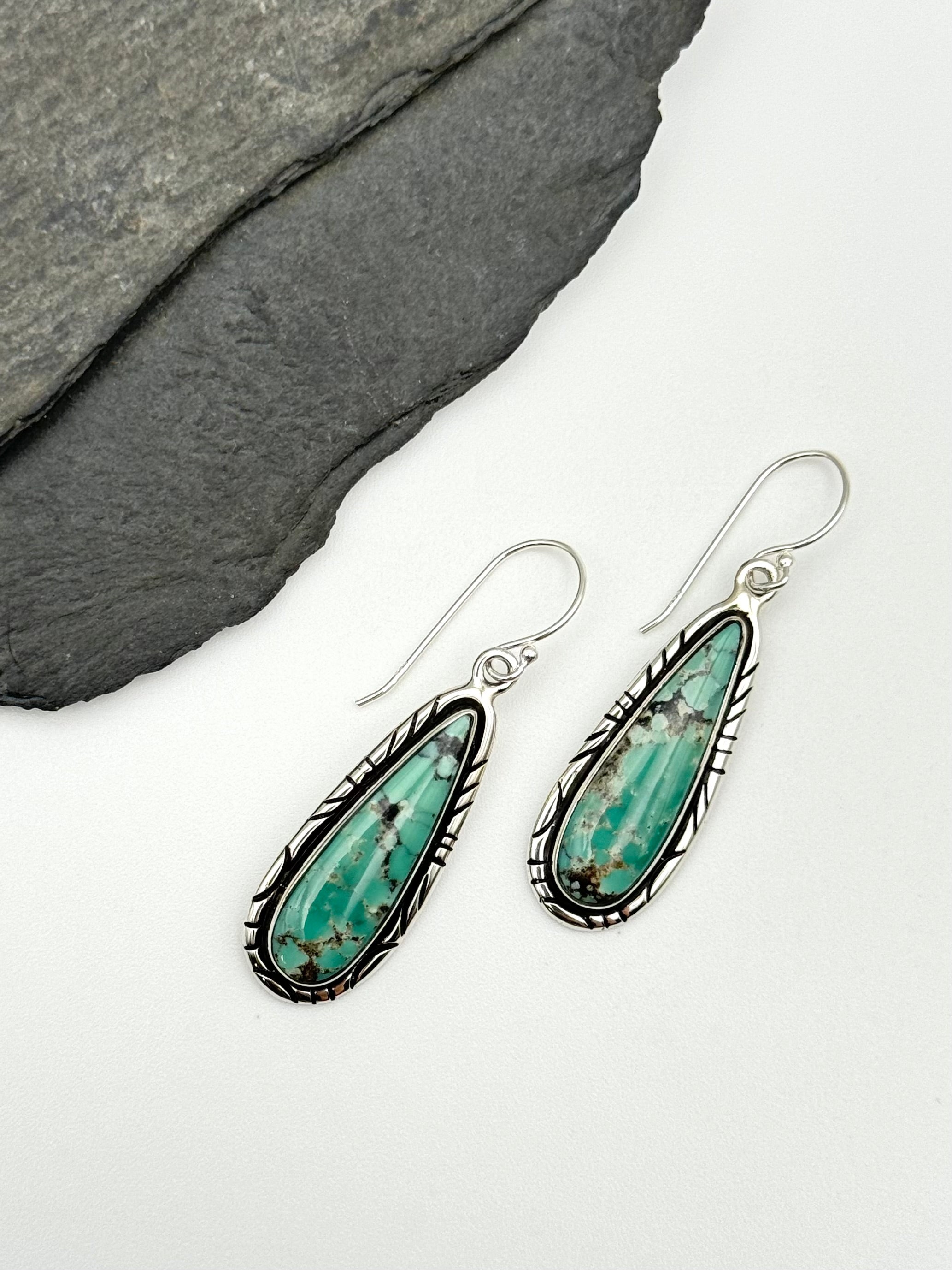 •CHINESE TURQUOISE TEARDROP• Navajo silver dangle earrings