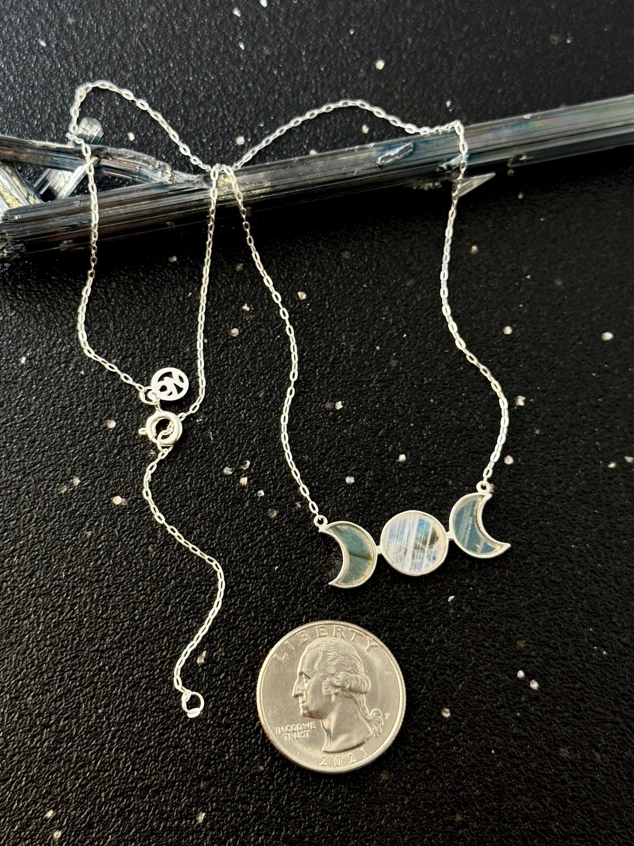 •MEDIUM MOON PHASE• rainbow moonstone + labradorite silver necklace (15"-17" long)