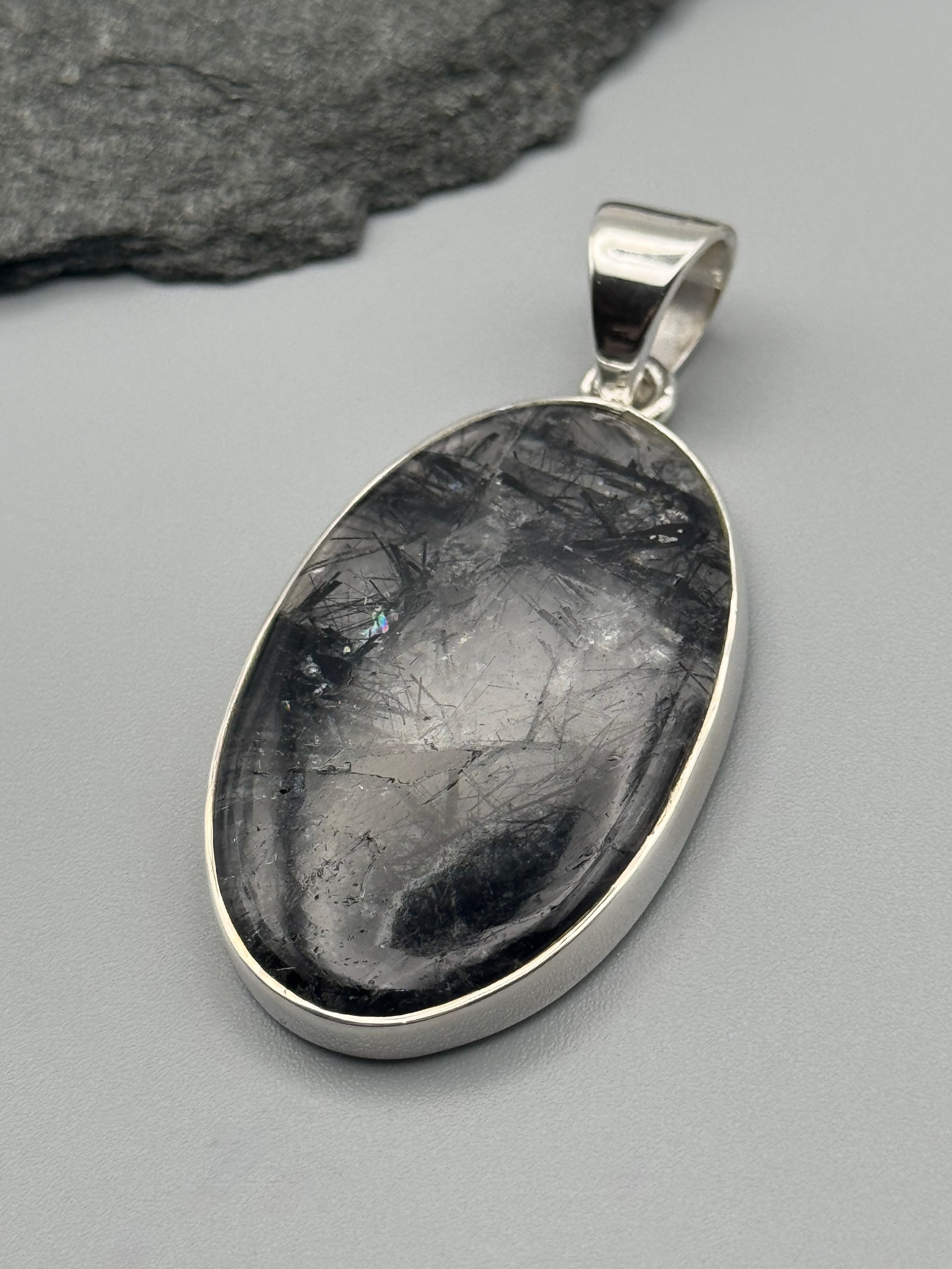 •TOURMALINATED QUARTZ - OVAL 1• sterling silver pendant