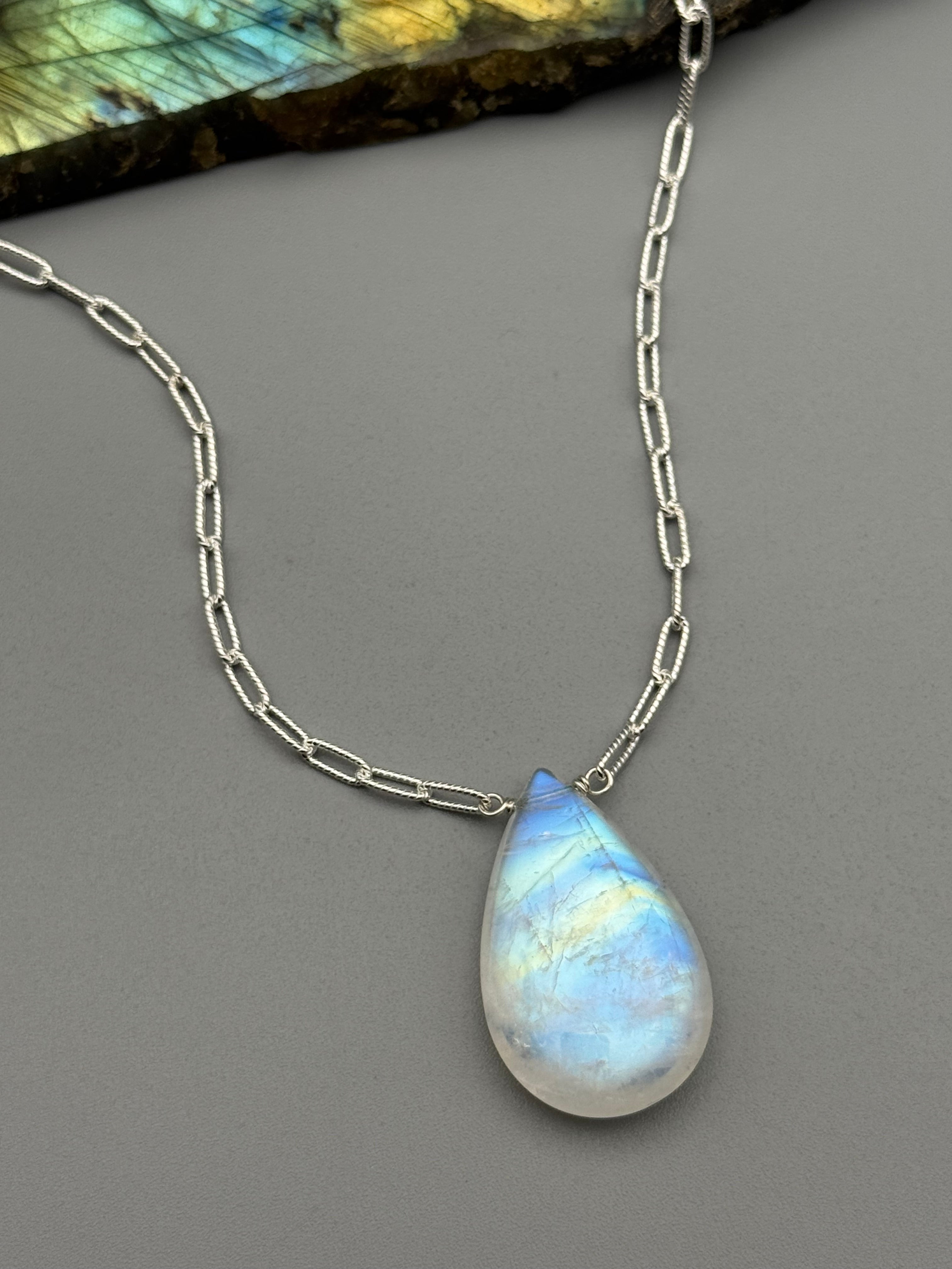 •AEON• rainbow moonstone + silver necklace (18"-20" long)