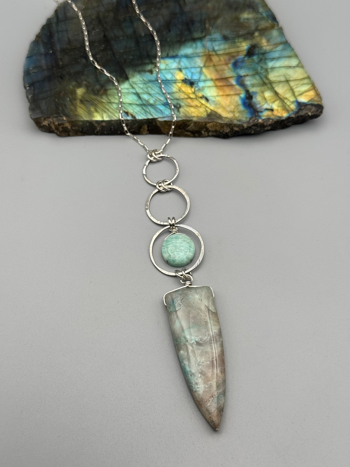 •3 OF CUPS• chrysocolla in quartz + amazonite silver necklace (26"-28" long)