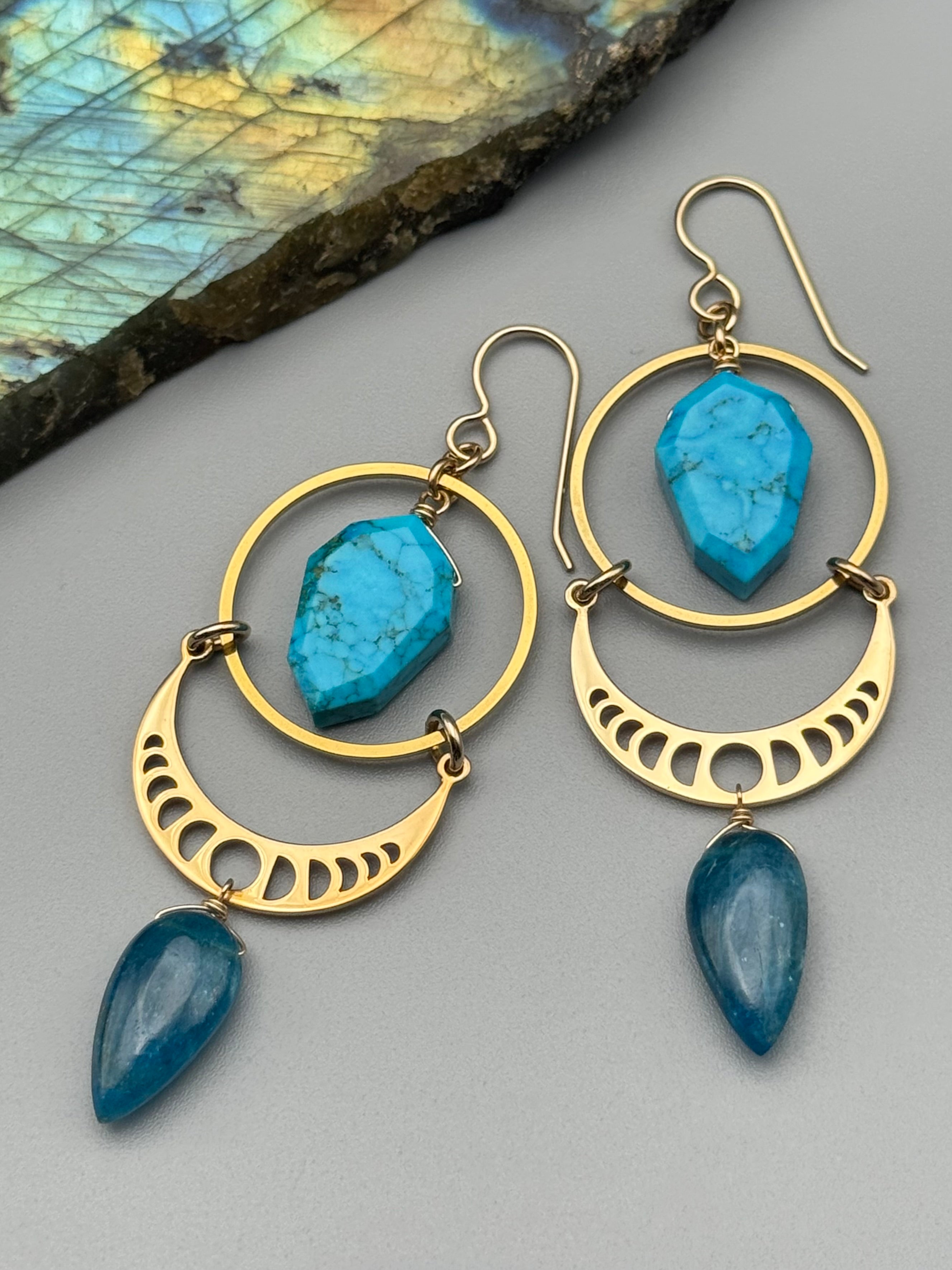 •MOON SHADOWS• turquoise + apatite gold earrings