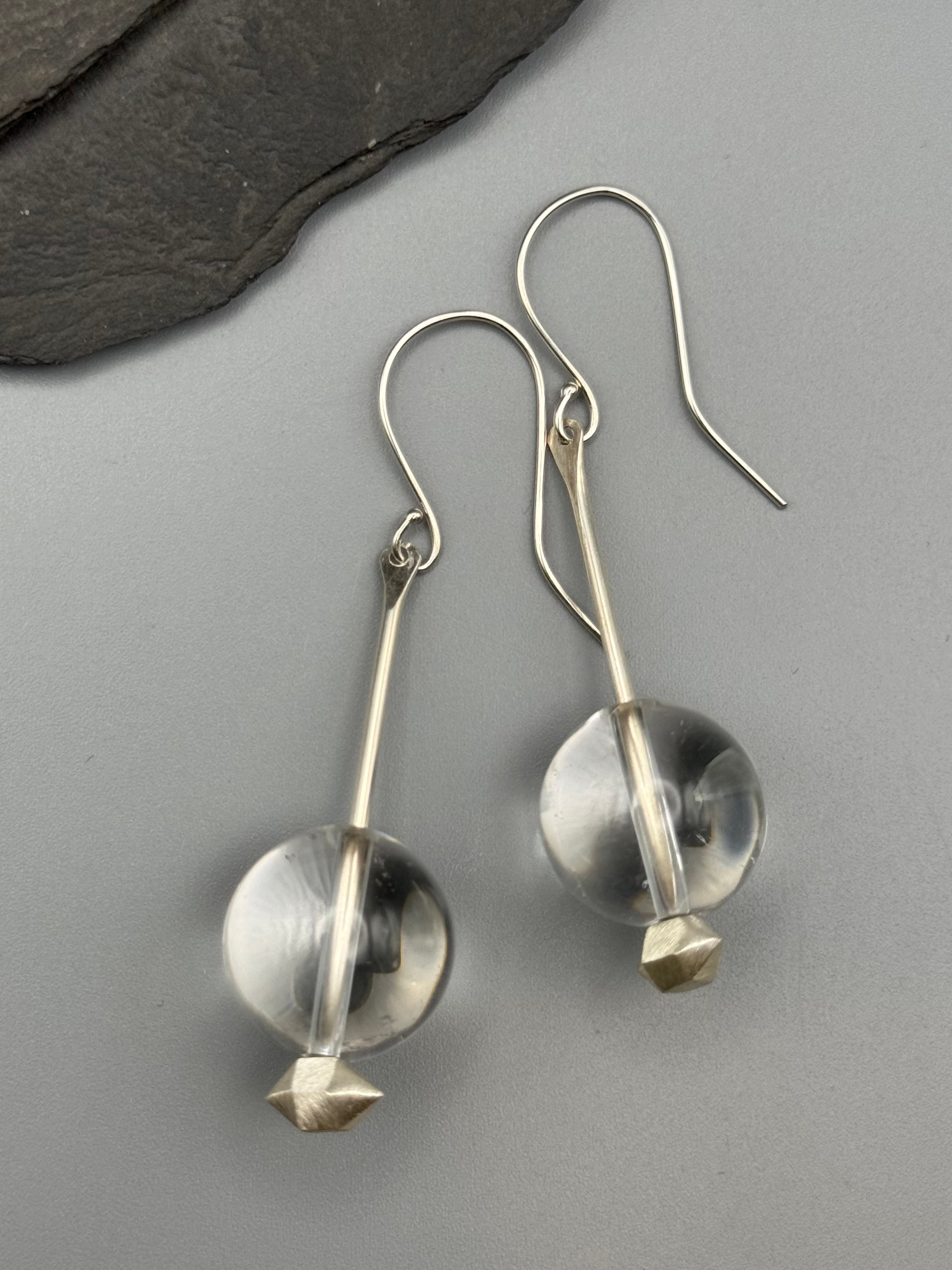 •ORB• clear quartz sphere + herkimer cast silver dangle earrings