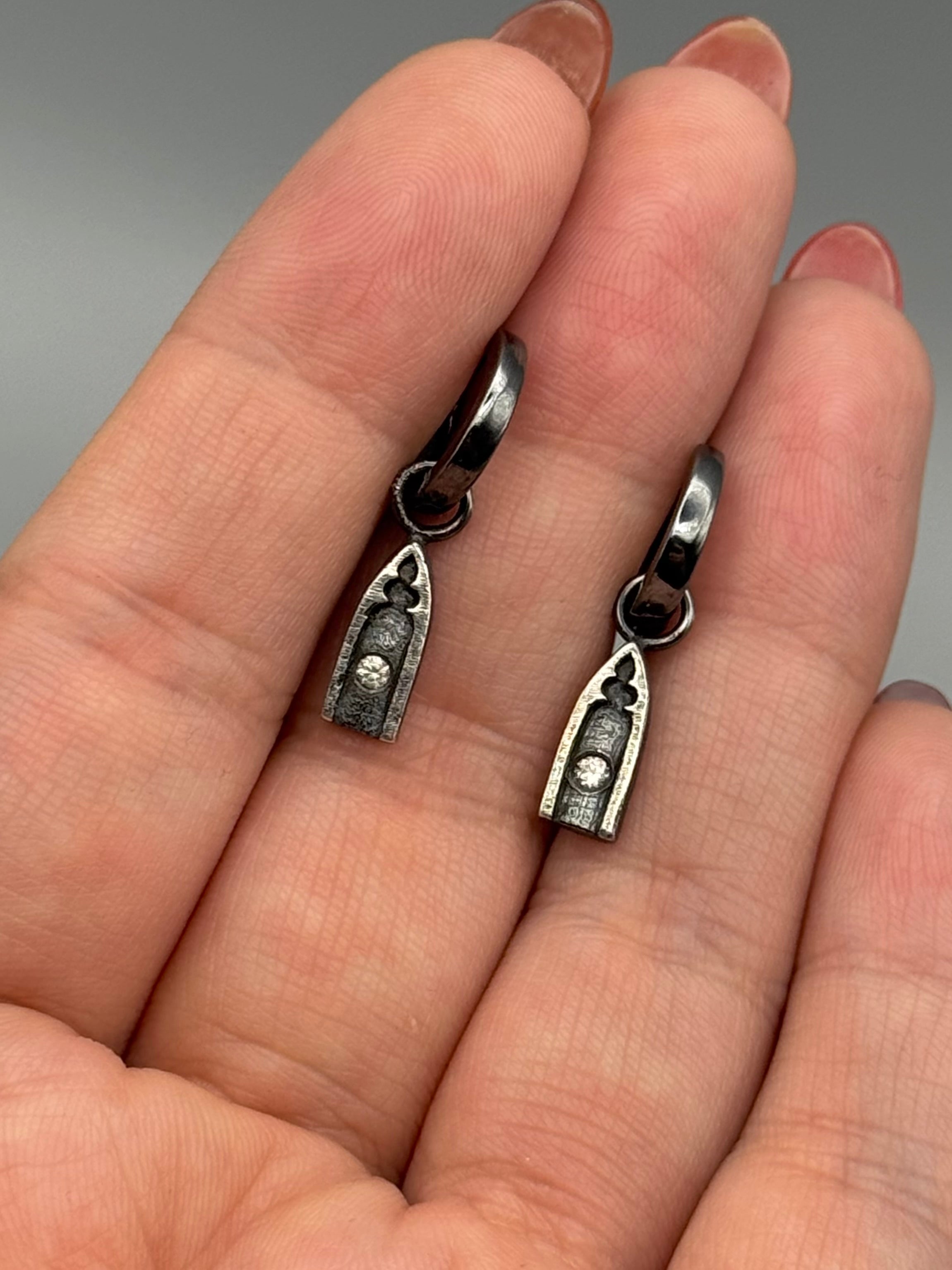 •LIL' GOTHIC ARCHES• white sapphire + silver huggie hoop earrings