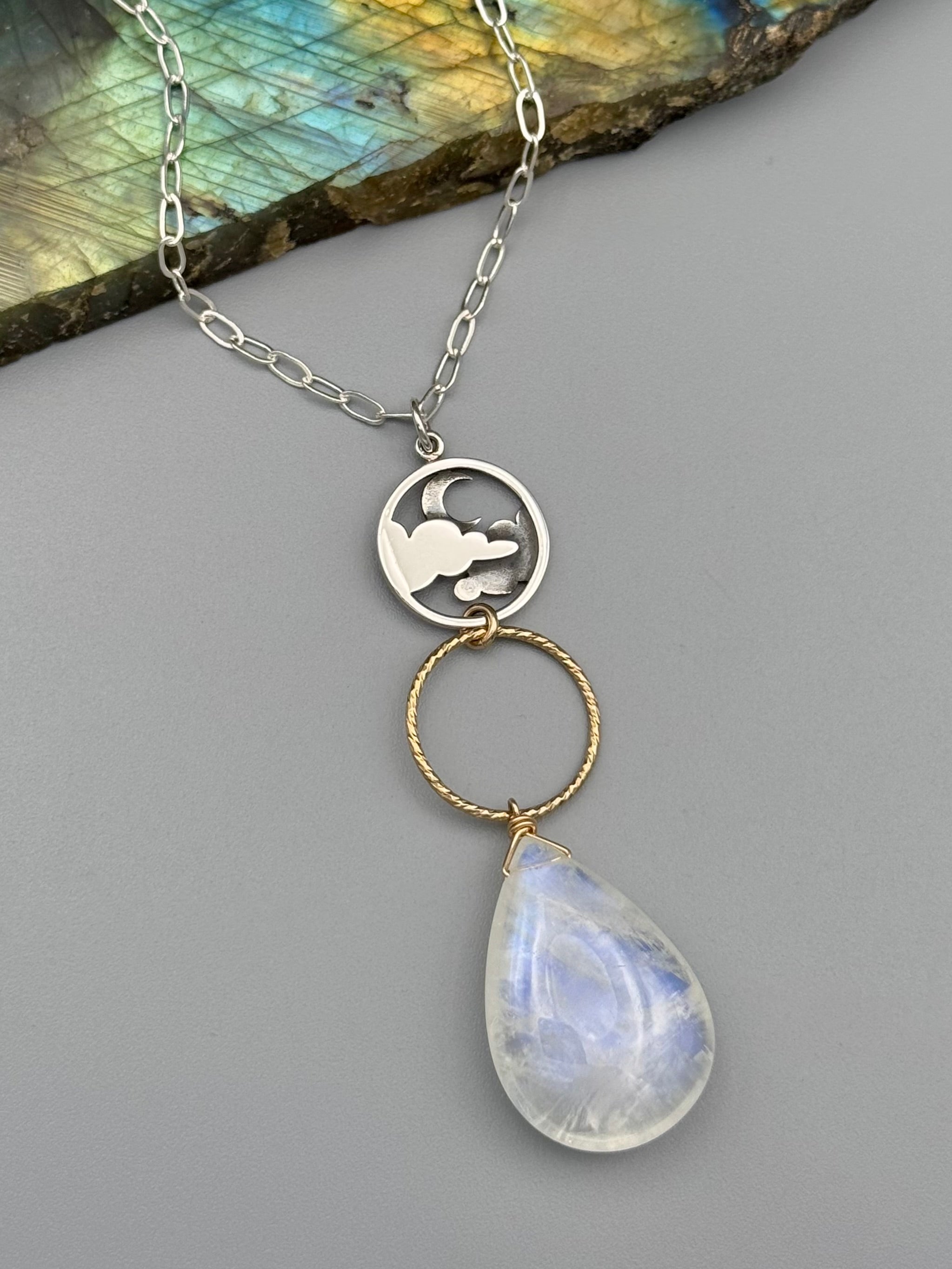 •NYX• rainbow moonstone + mixed metal necklace (17"-19" long)