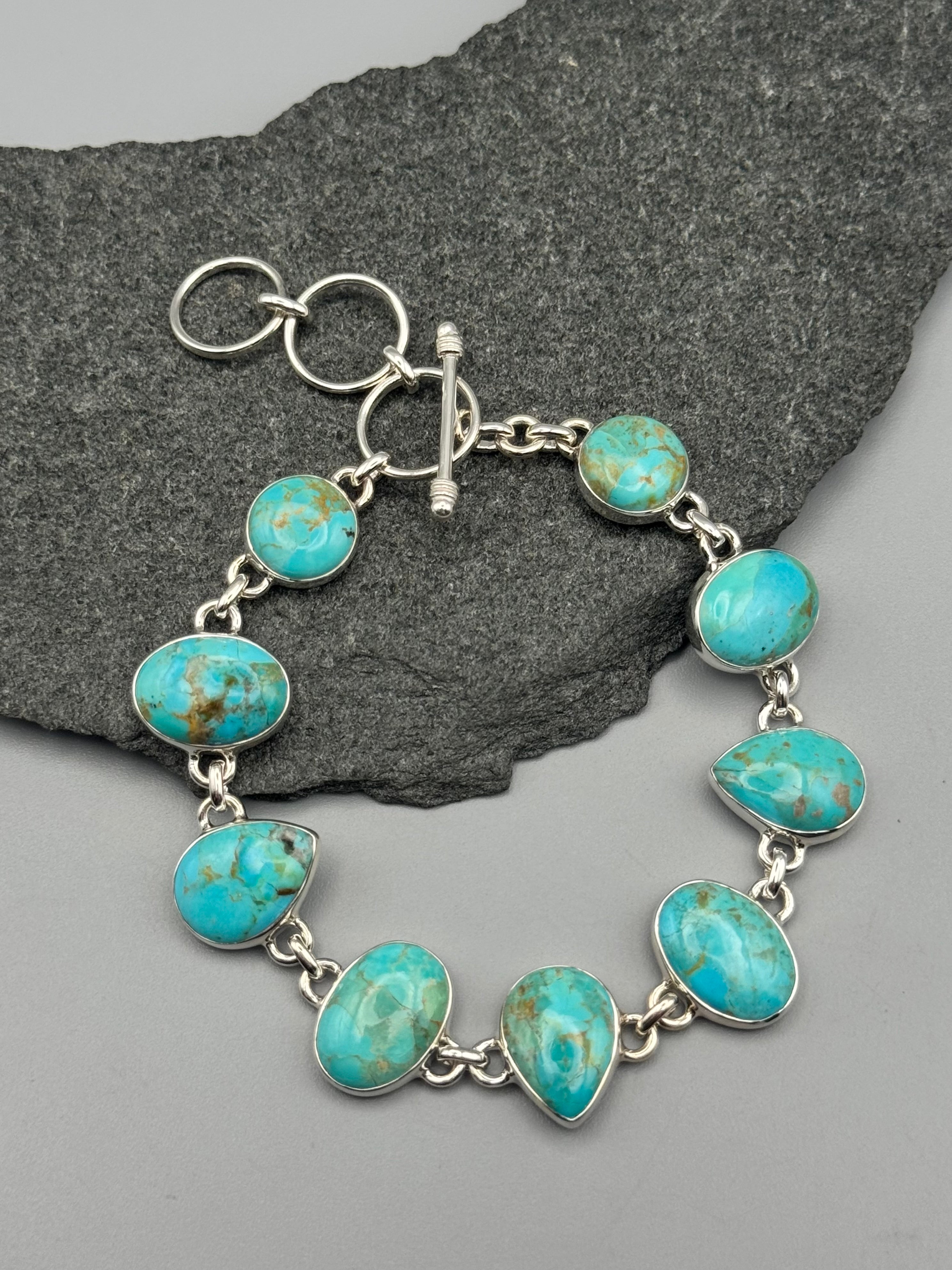 •BOULDER TURQUOISE - GEO MIX• linked silver bracelet (7.25" - 8.5")