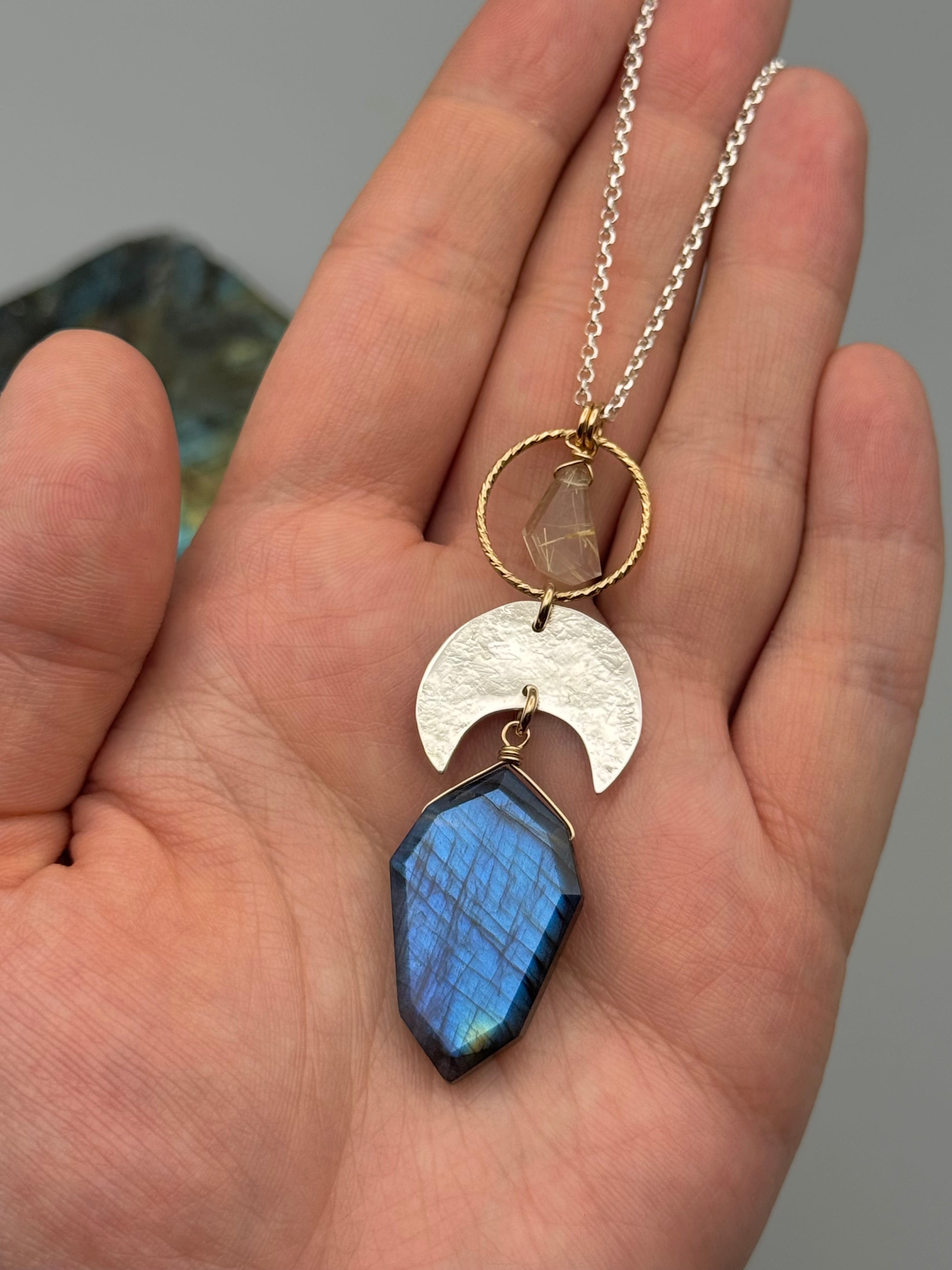 •NYX• rutilated quartz + labradorite mixed metal necklace (18"-20" long)